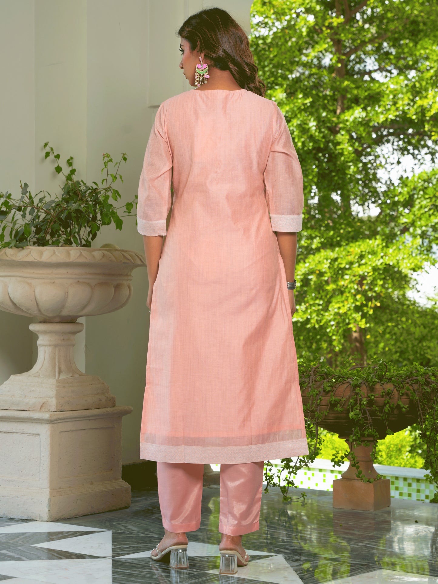 Embroidered Chanderi Jacquard Floral Straight Peach Kurta
