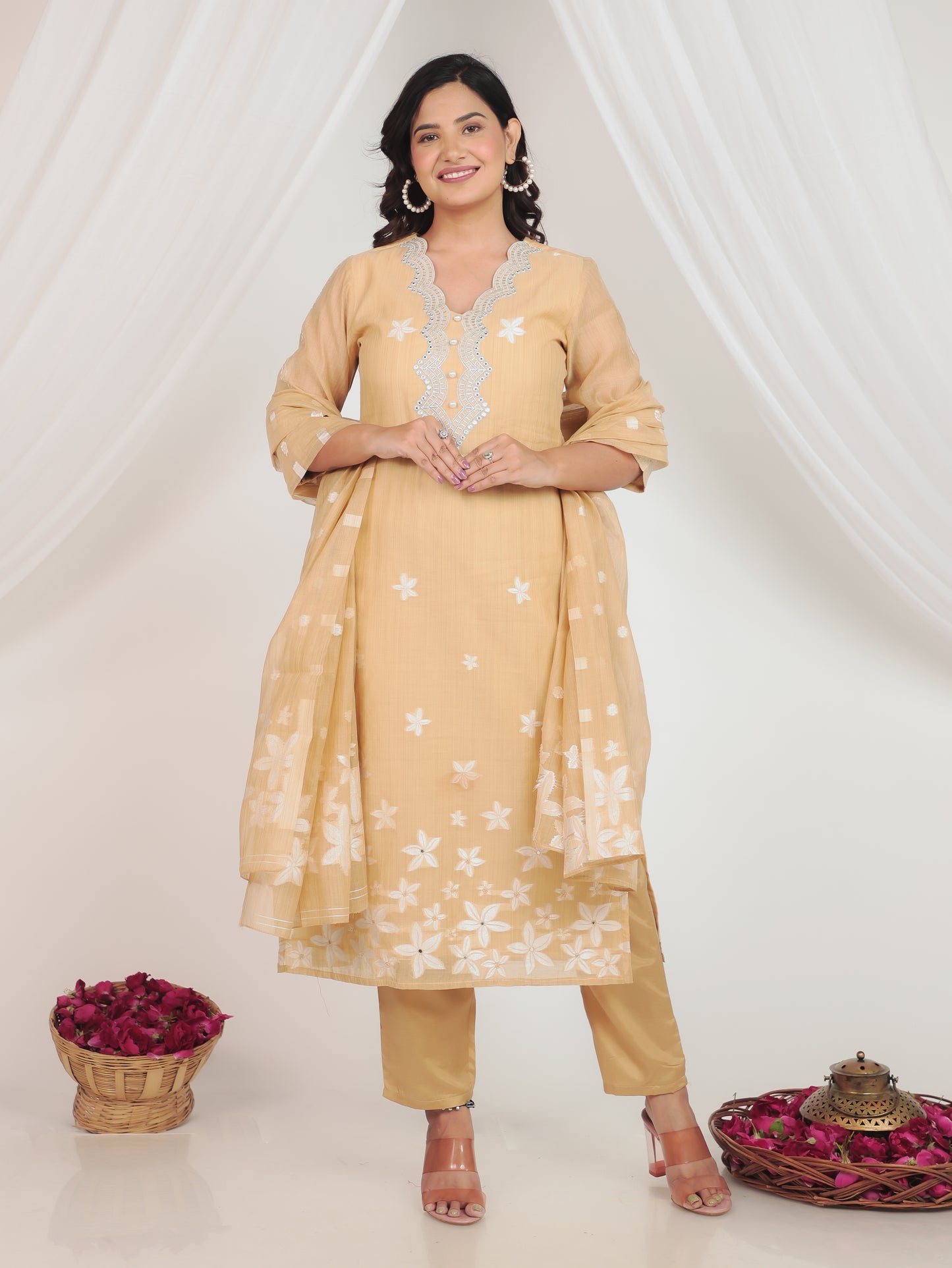 Chanderi Floral Straight Beige Kurta