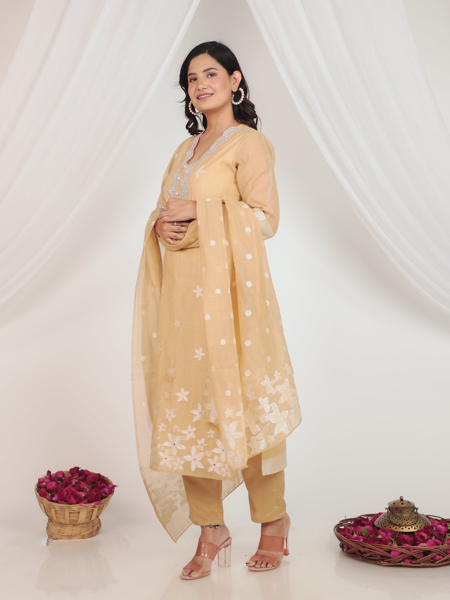 Chanderi Floral Straight Beige Kurta