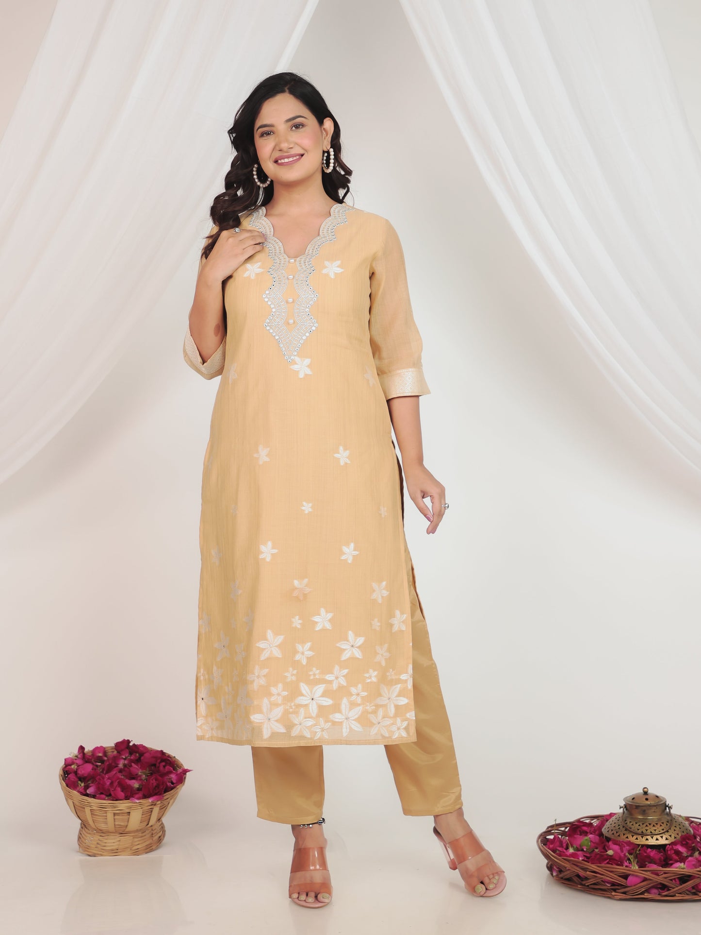 Chanderi Floral Straight Beige Kurta