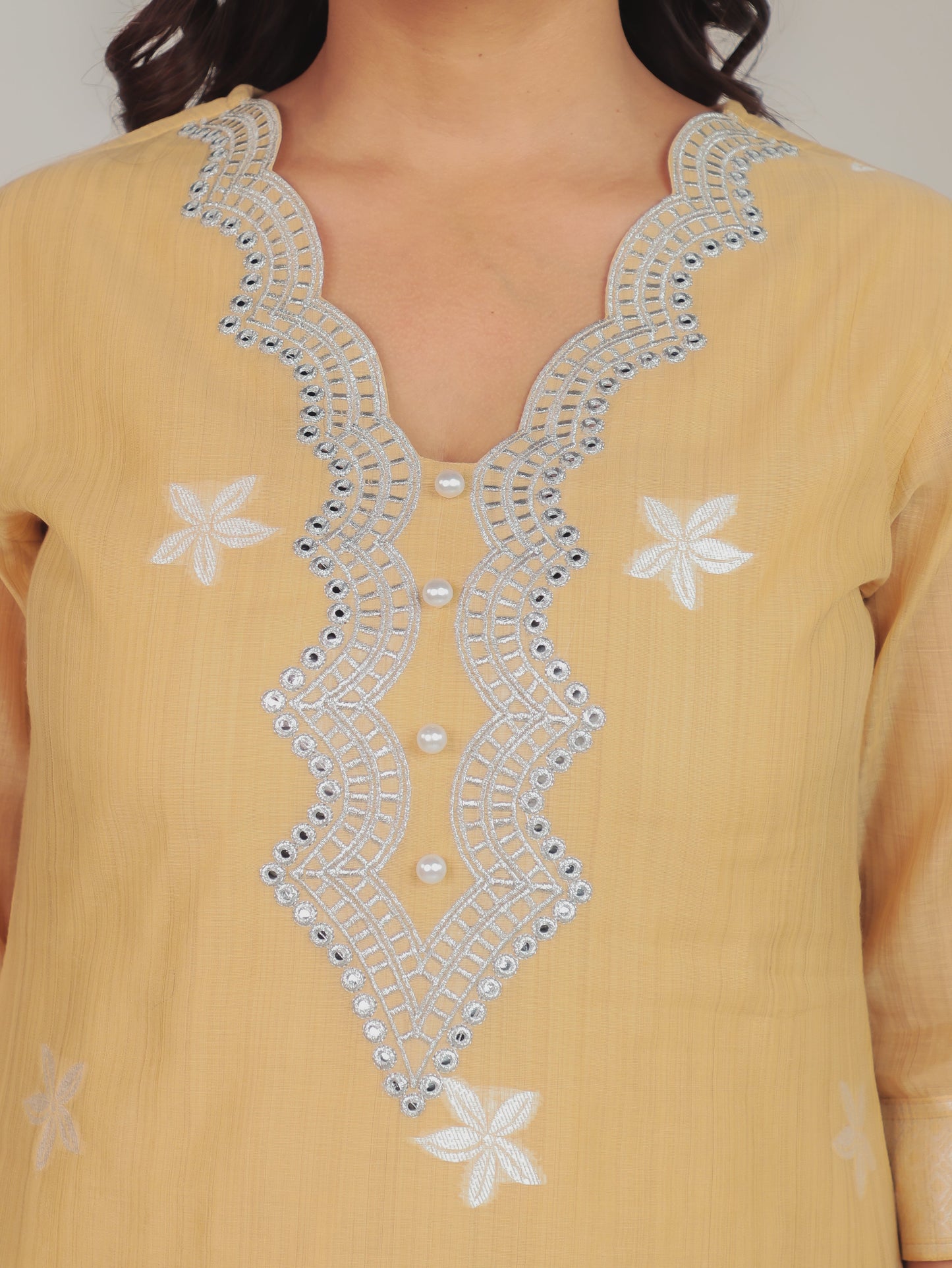 Chanderi Floral Straight Beige Kurta