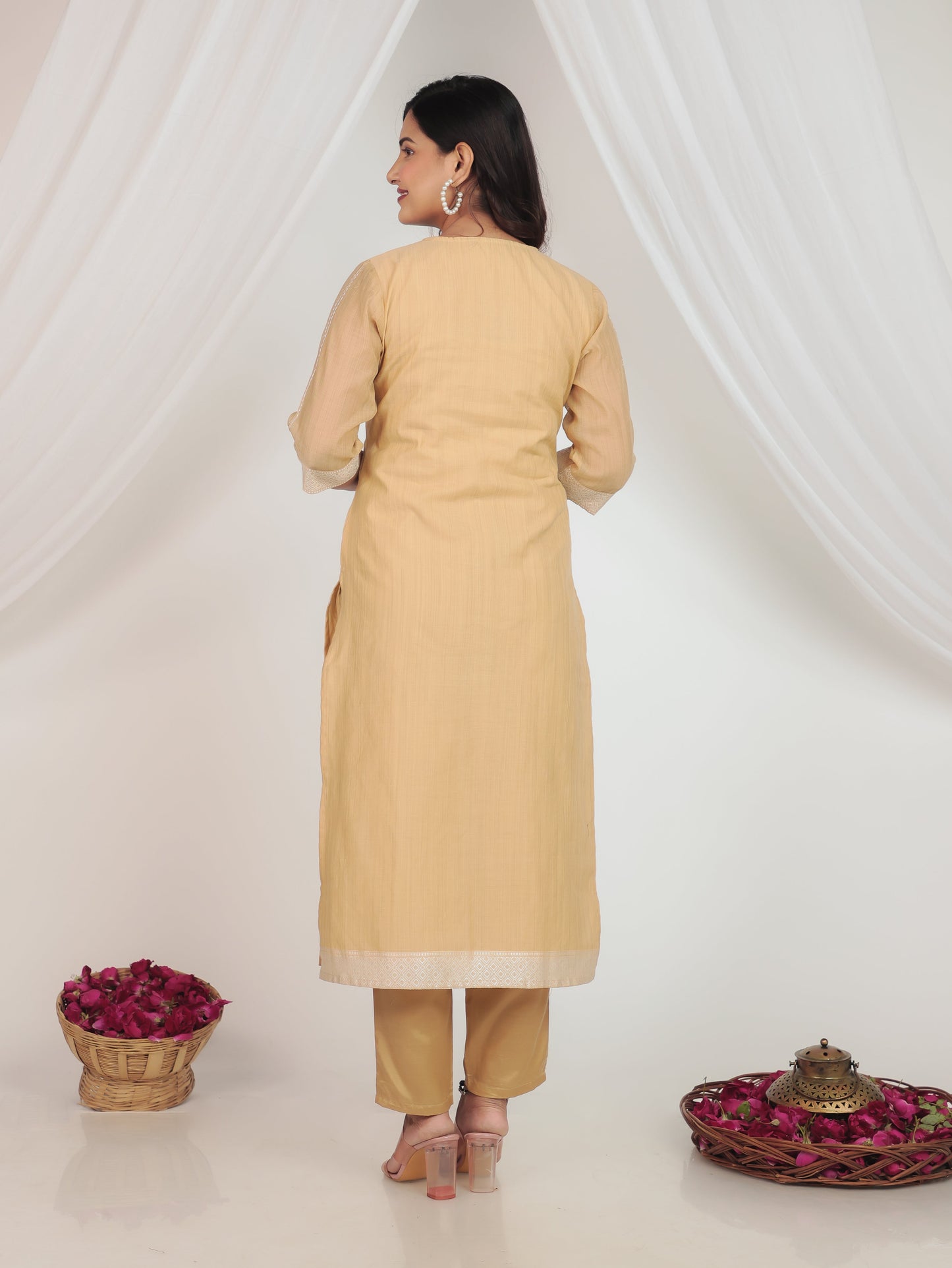 Chanderi Floral Straight Beige Kurta