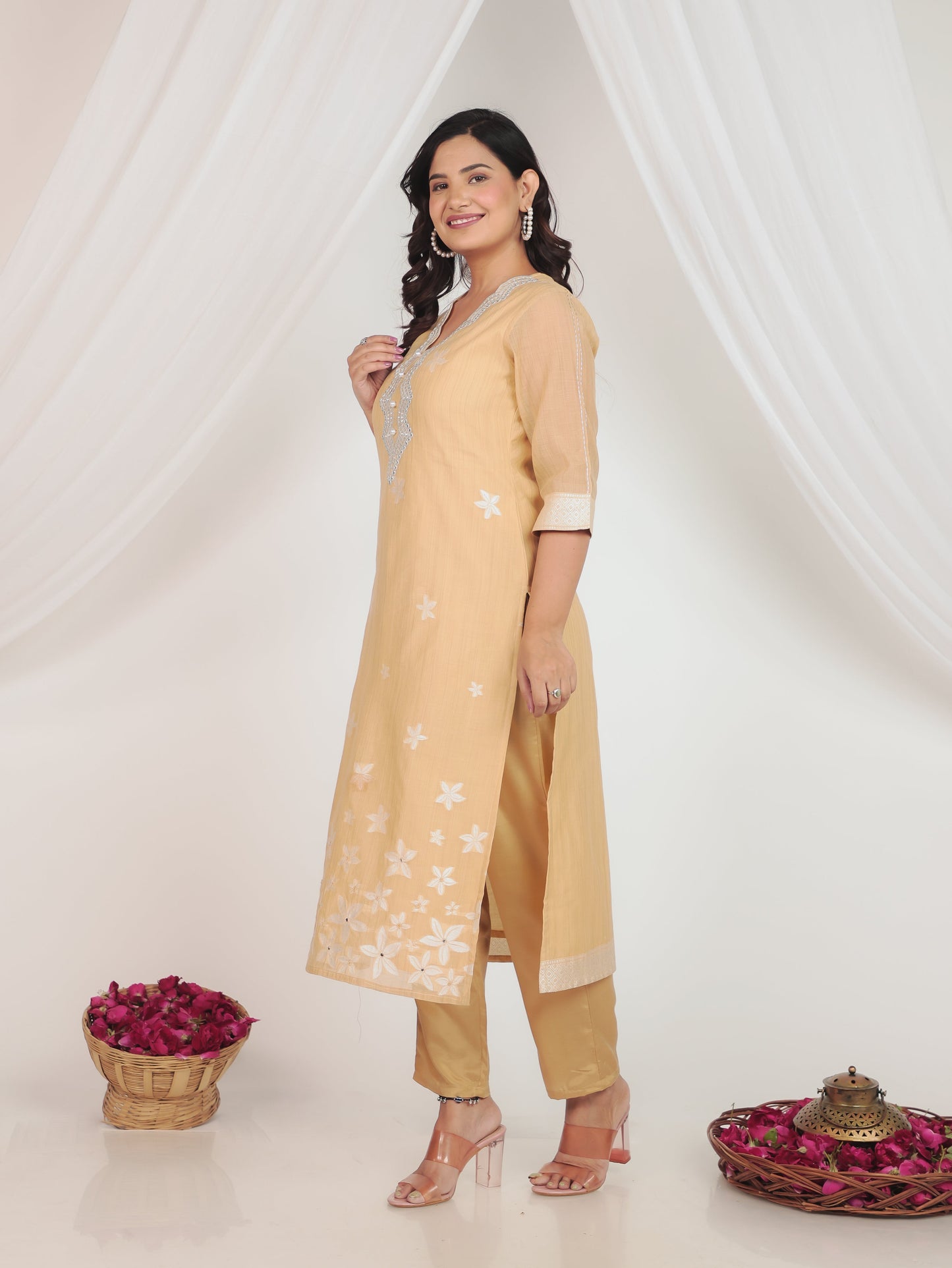 Chanderi Floral Straight Beige Kurta