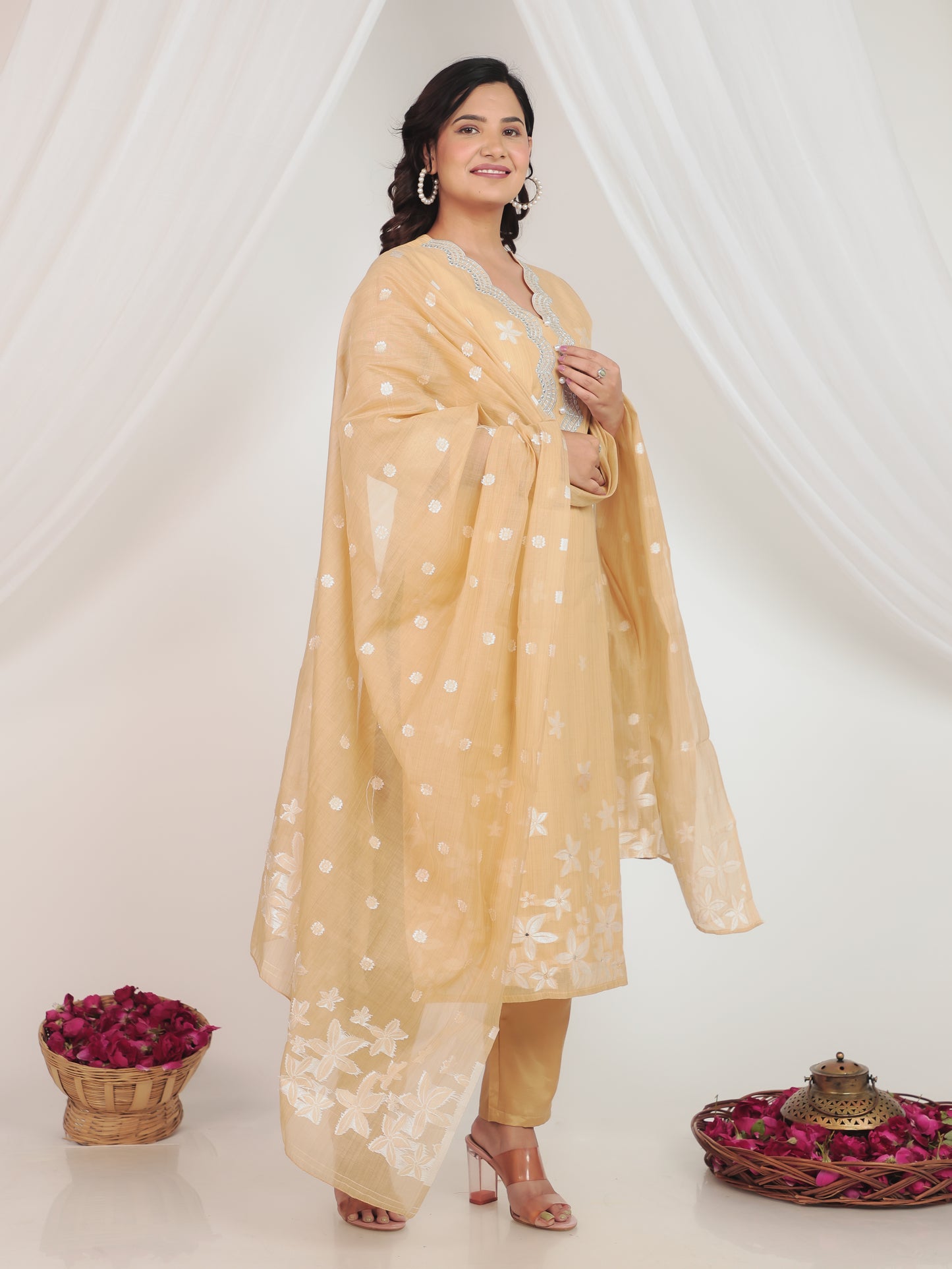 Chanderi Floral Straight Yellow Kurta