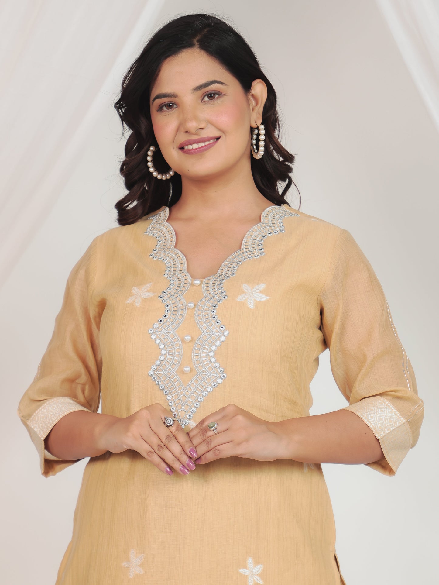 Chanderi Floral Straight Beige Kurta