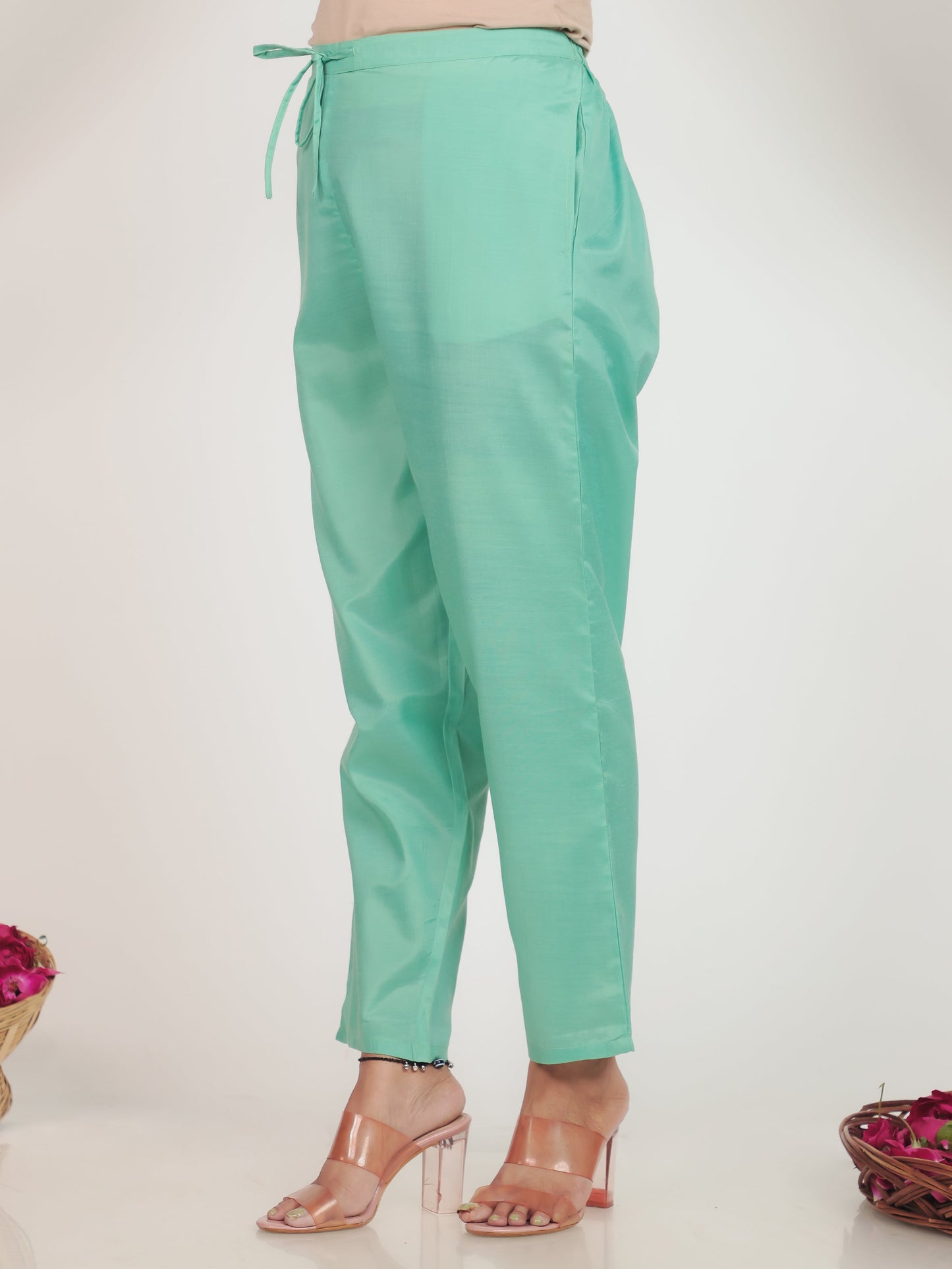 Blended Silk Solid Green Tapered Trousers