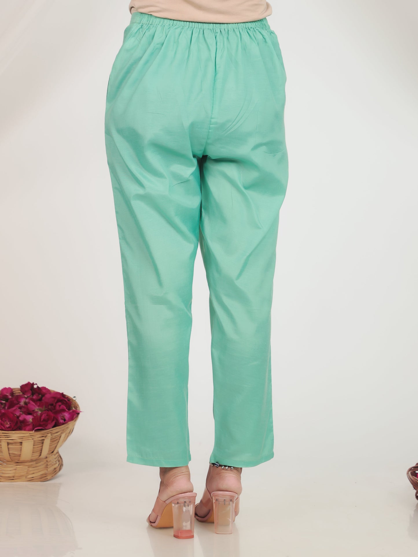 Blended Silk Solid Green Tapered Trousers