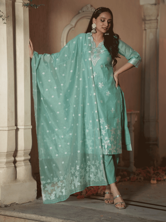 Chanderi Floral Green Dupatta