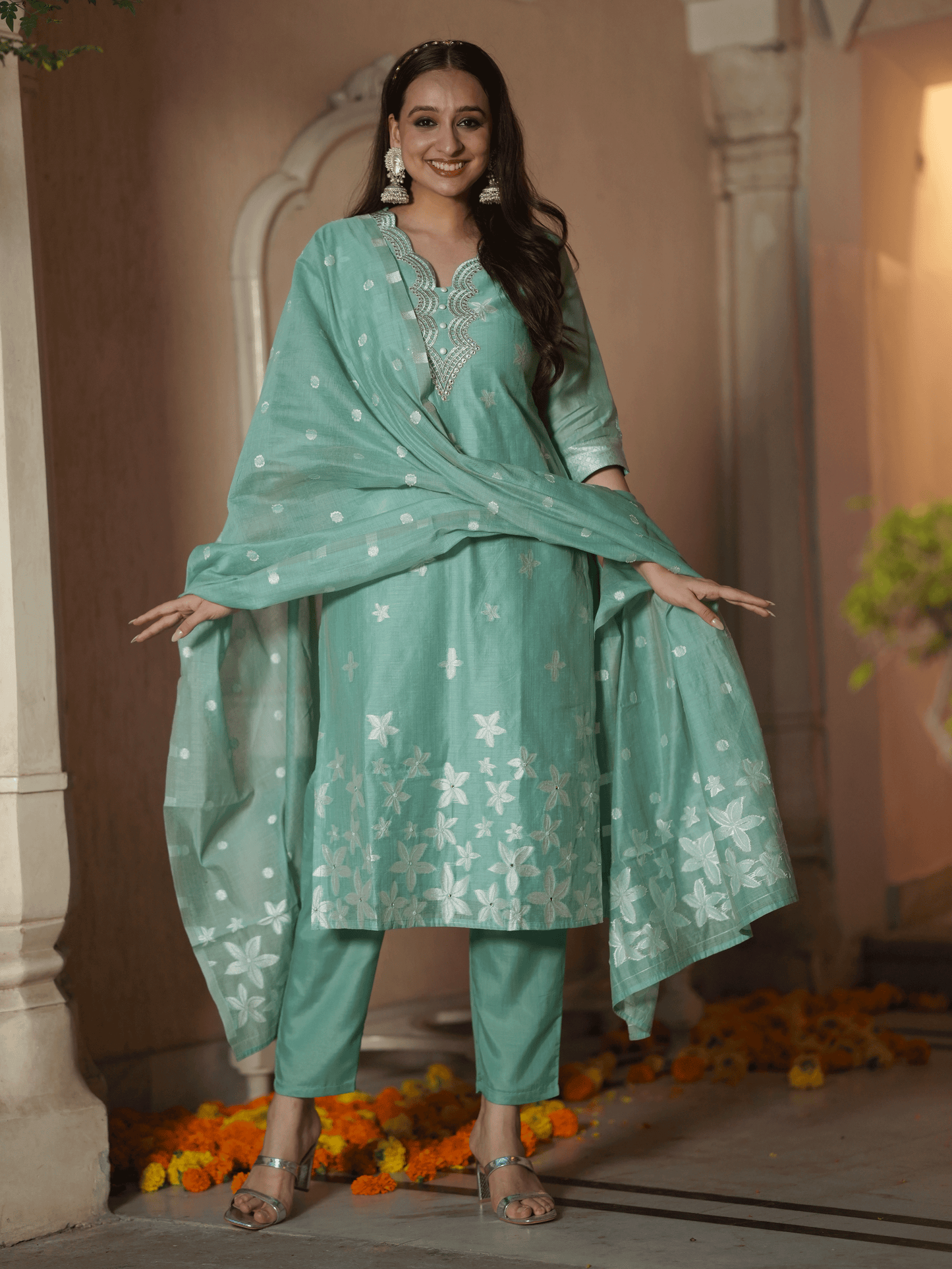 Chanderi Floral Green Dupatta