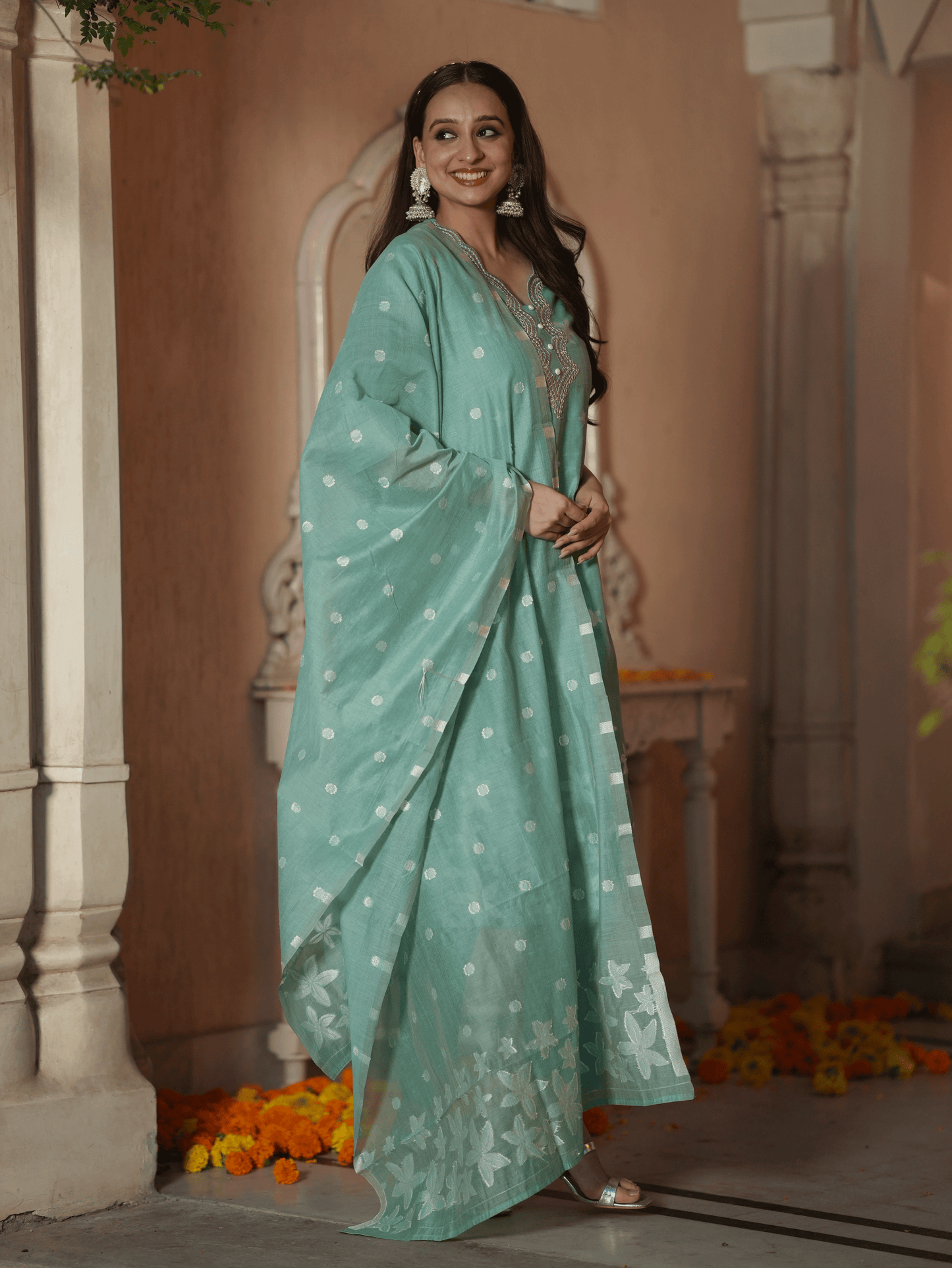 Chanderi Floral Green Dupatta