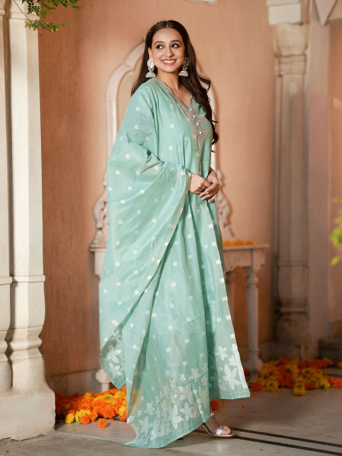 Embroidered Chanderi Floral Straight Green