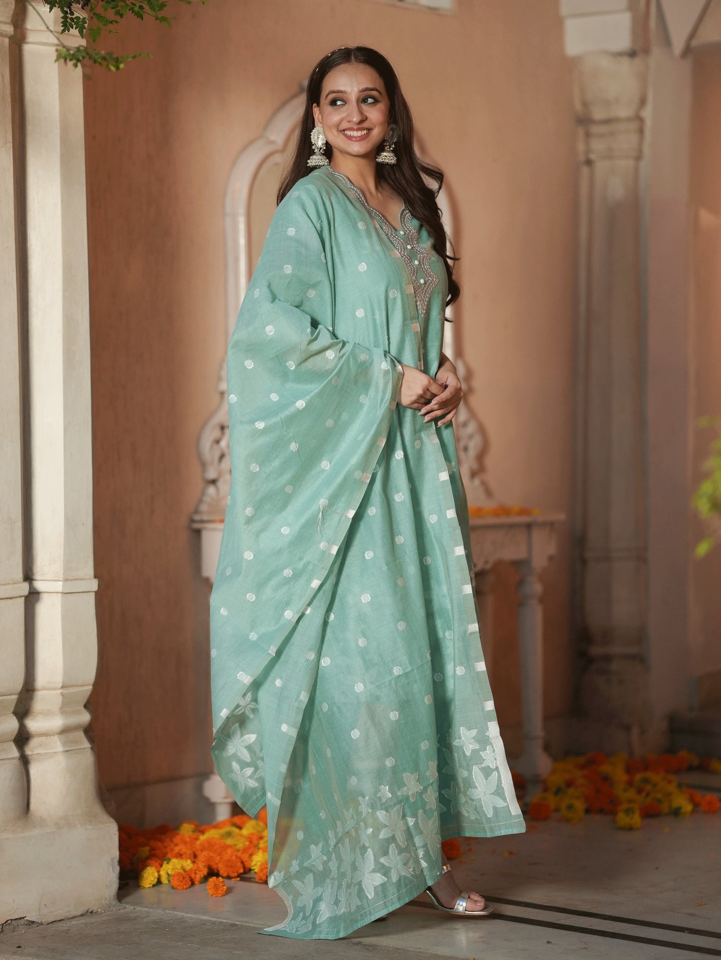 Embroidered Chanderi Floral Straight Green Kurta