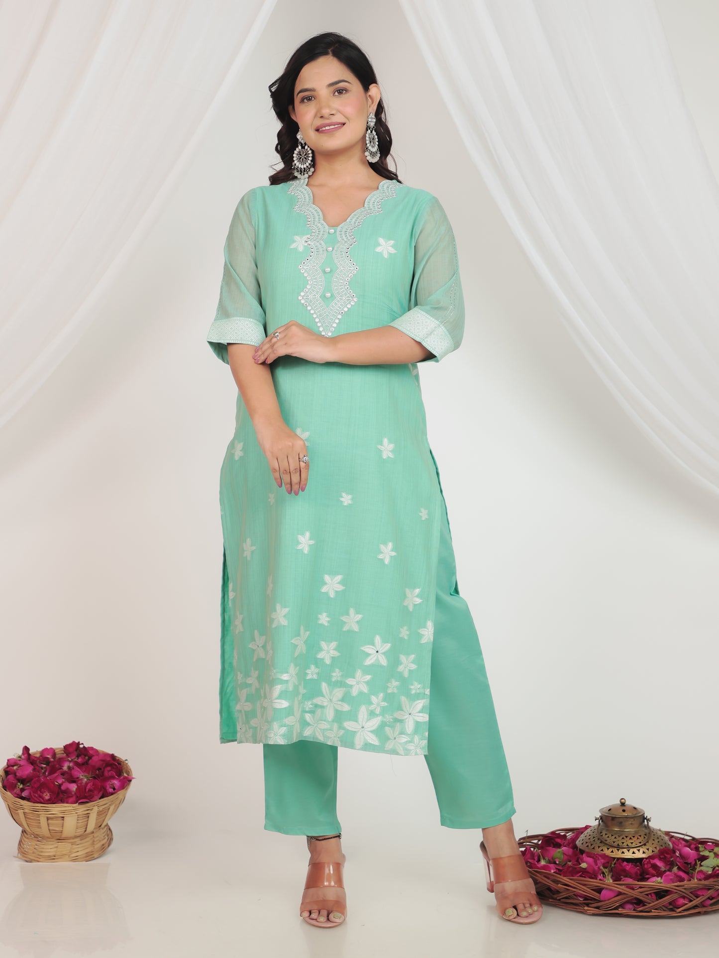 Embroidered Chanderi Floral Straight Green Kurta