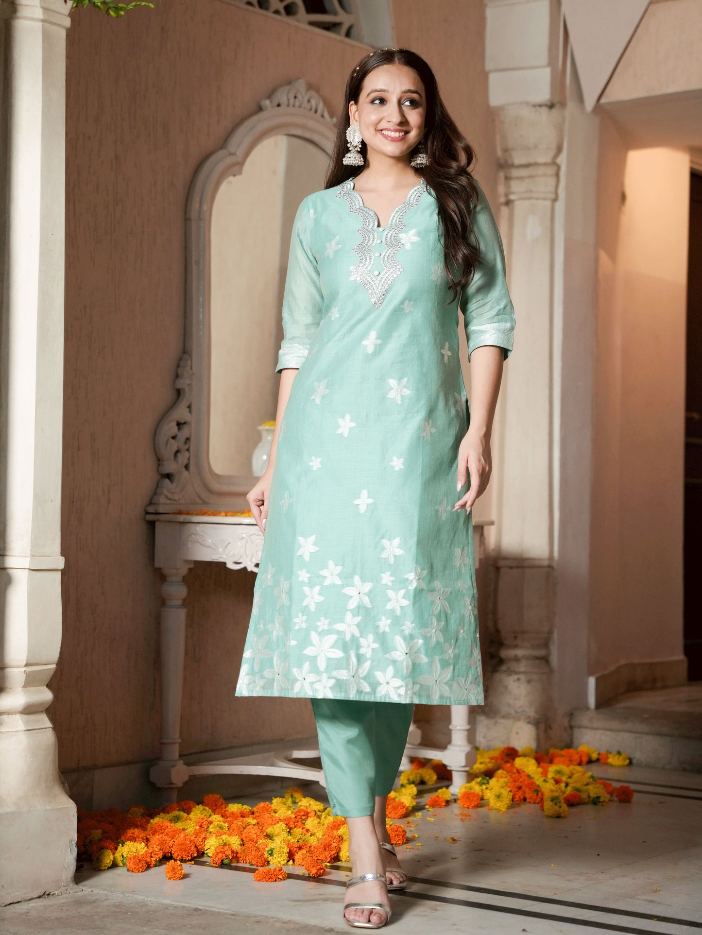 Embroidered Chanderi Floral Straight Green
