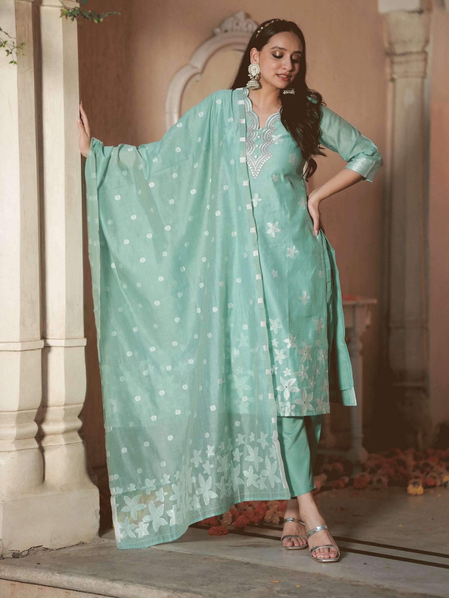 Embroidered Chanderi Floral Straight Green Kurta