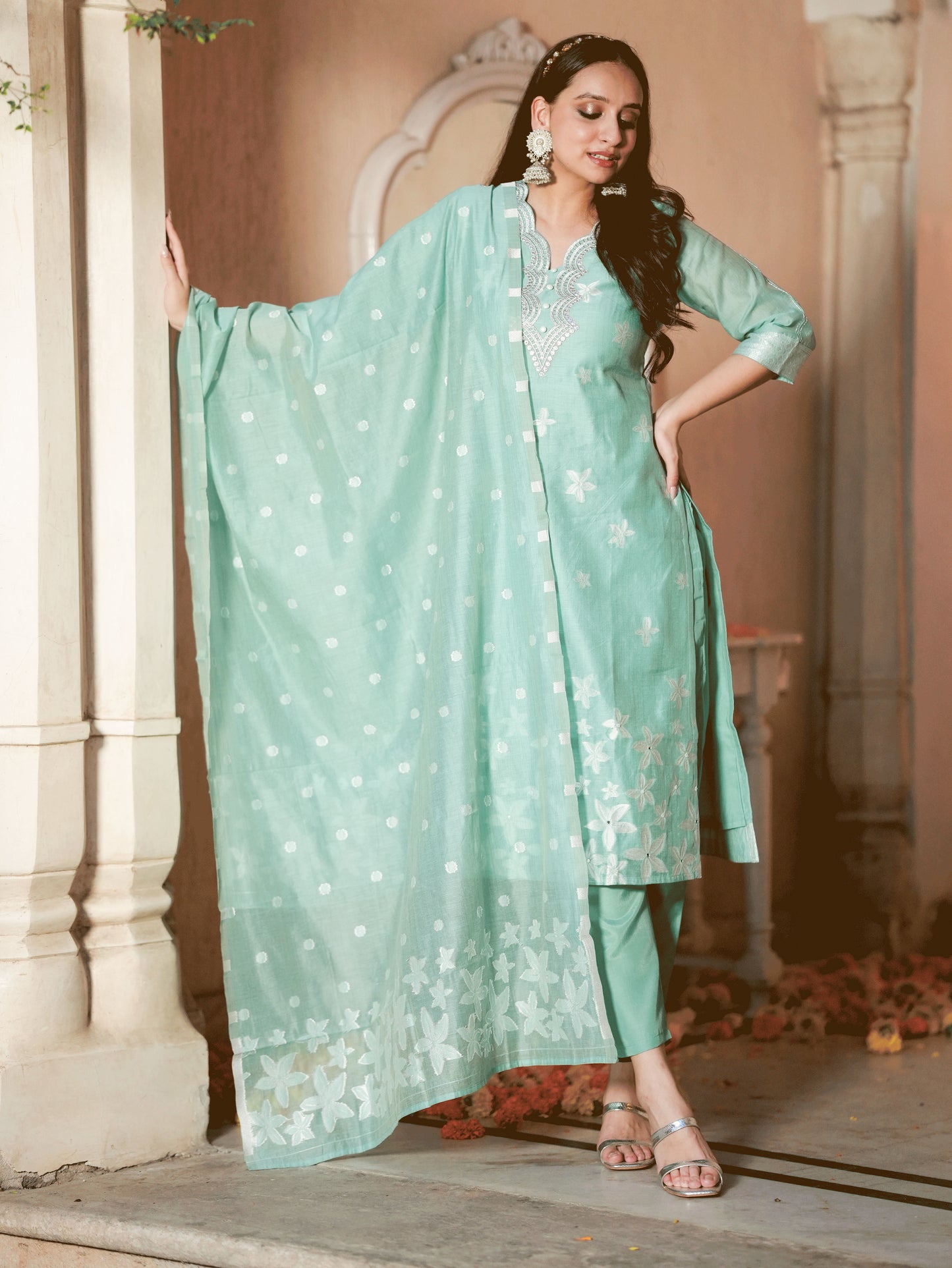 Embroidered Chanderi Floral Straight Green