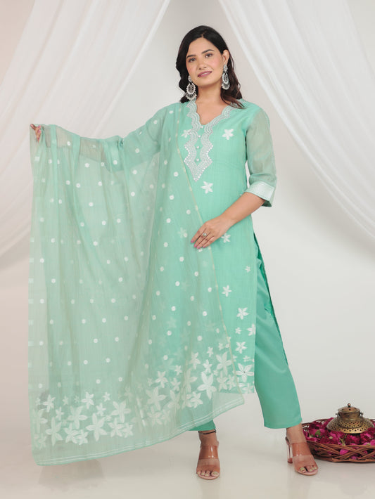 Embroidered Chanderi Floral Straight Green Kurta