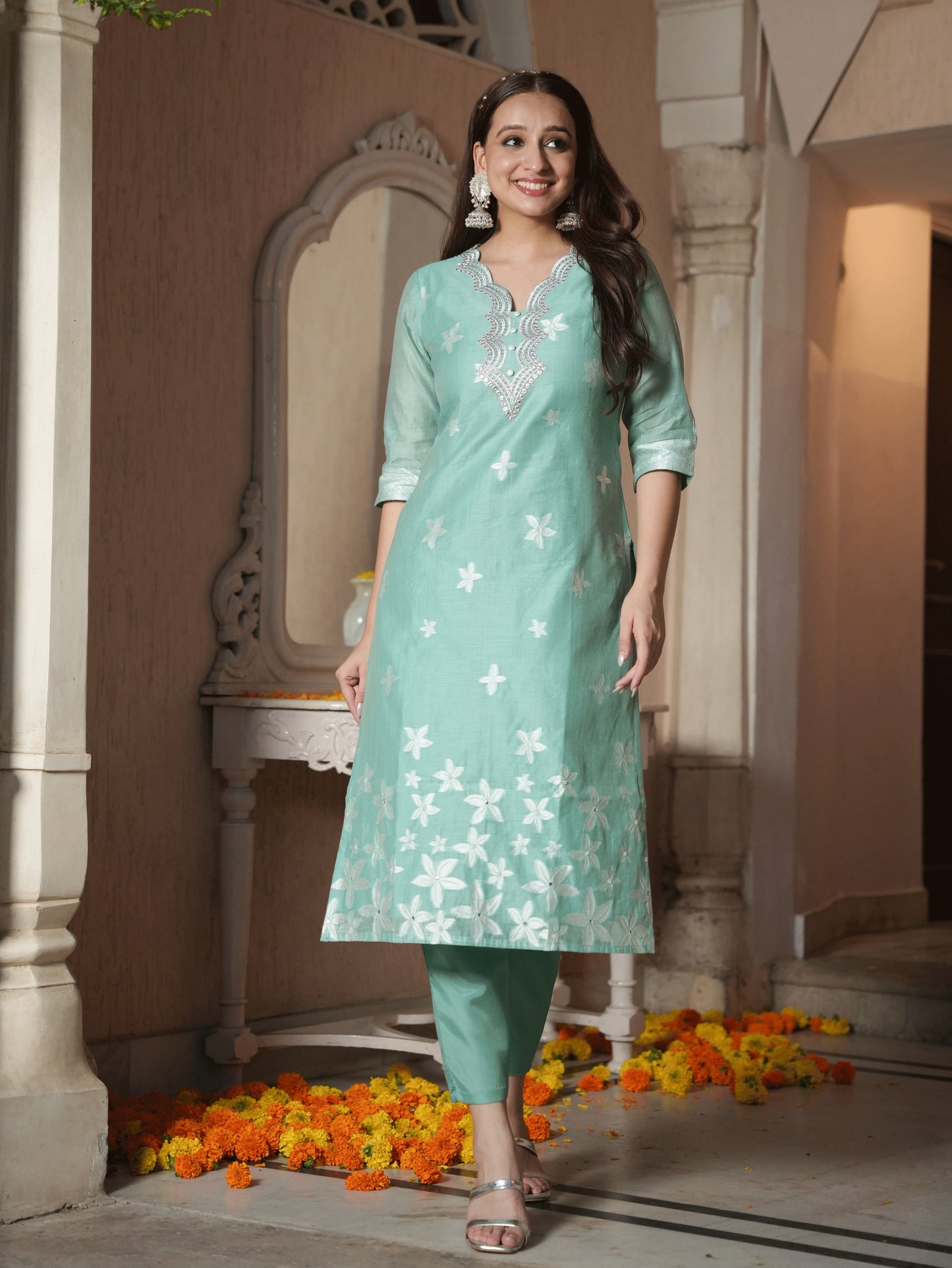Embroidered Chanderi Floral Straight Green Kurta
