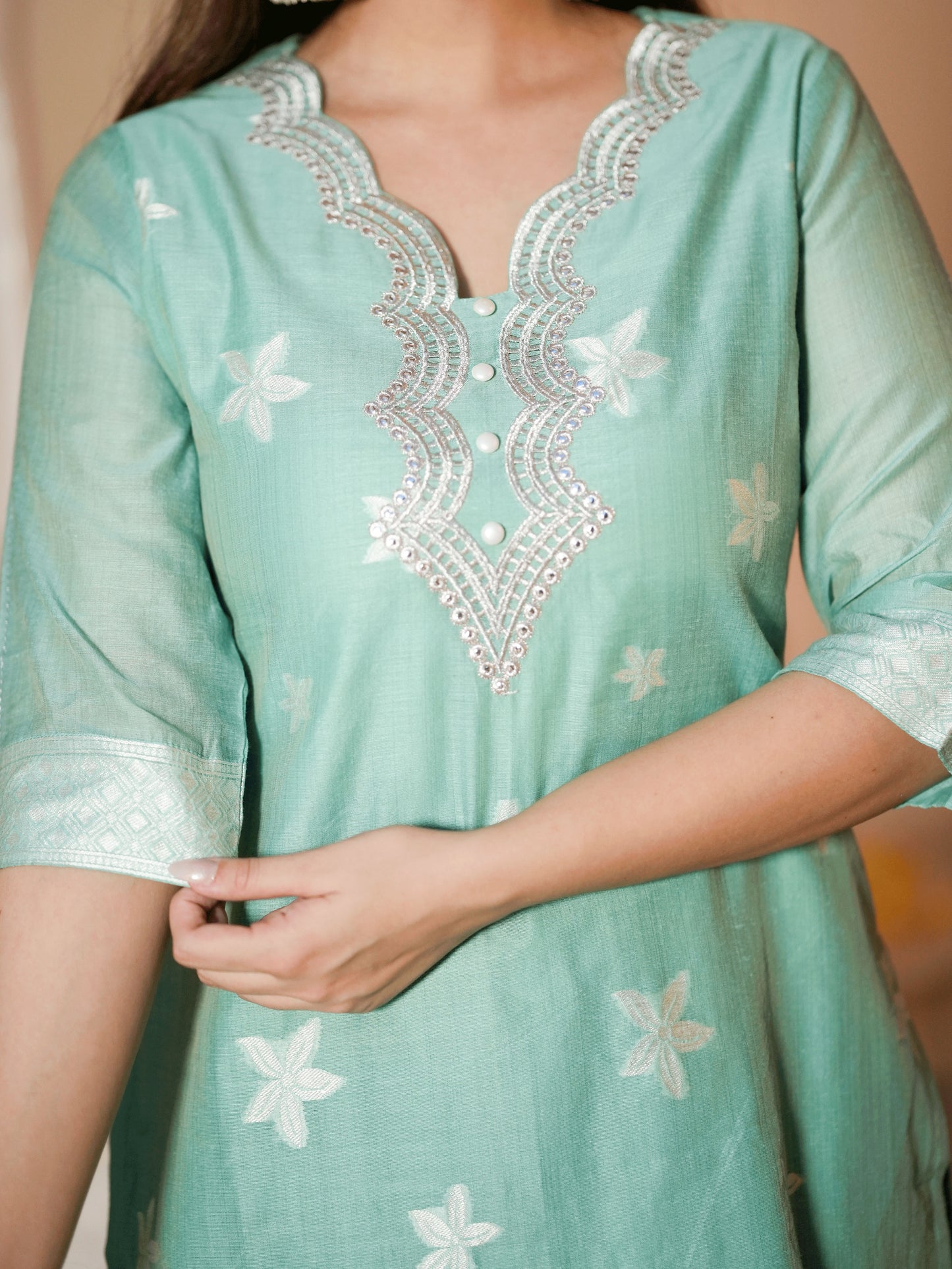 Embroidered Chanderi Floral Straight Green