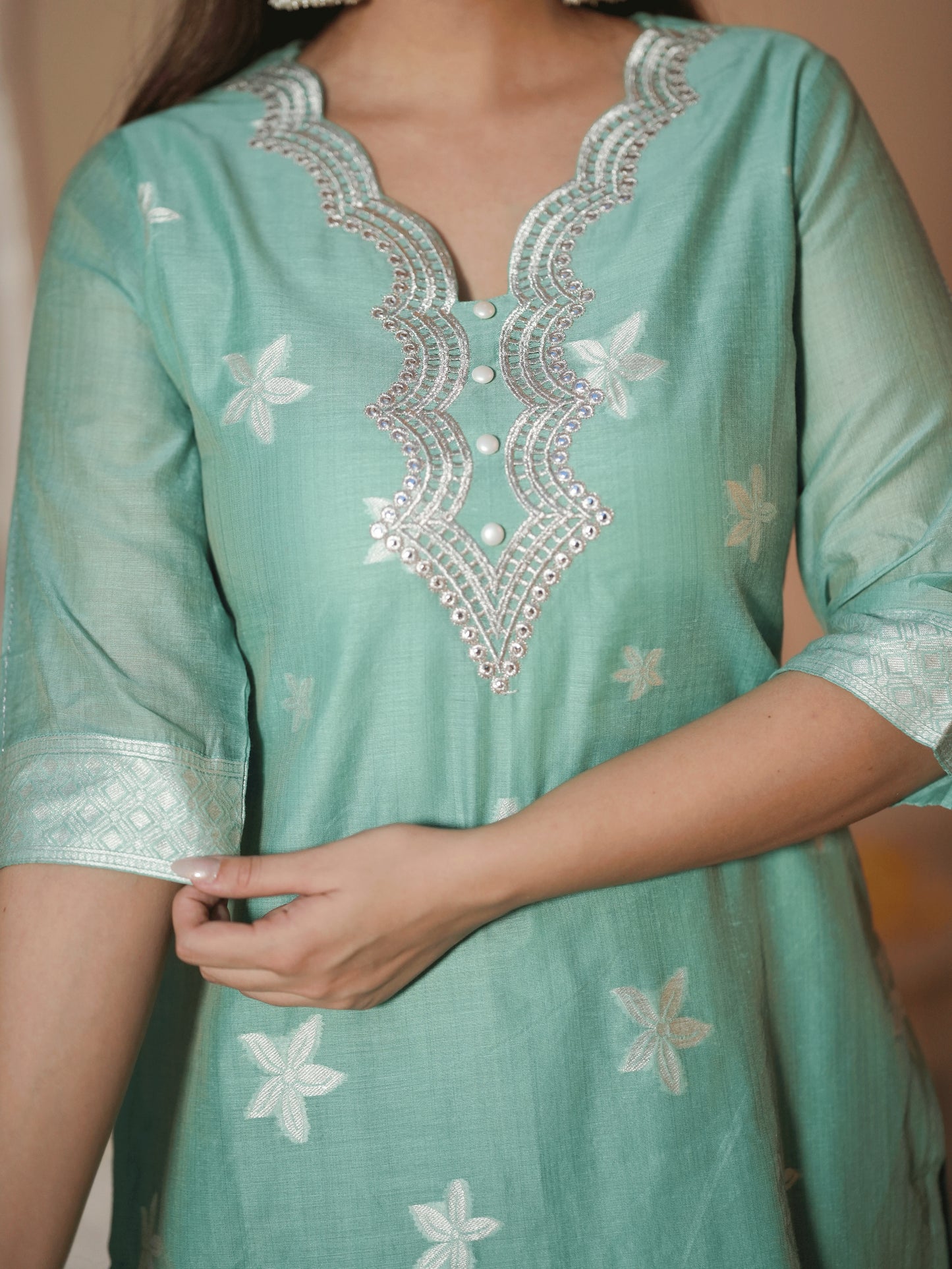 Embroidered Chanderi Floral Straight Green Kurta