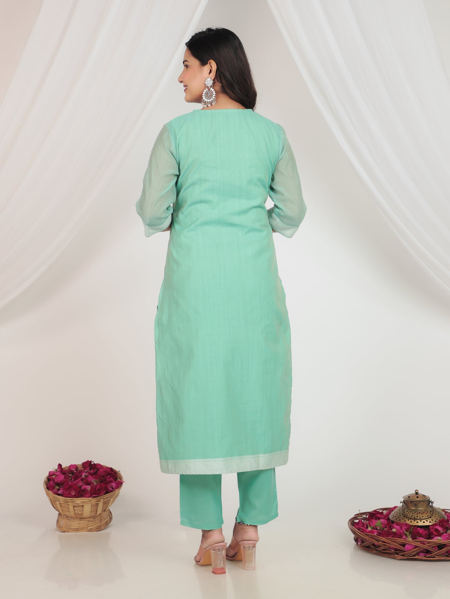 Embroidered Chanderi Floral Straight Green Kurta