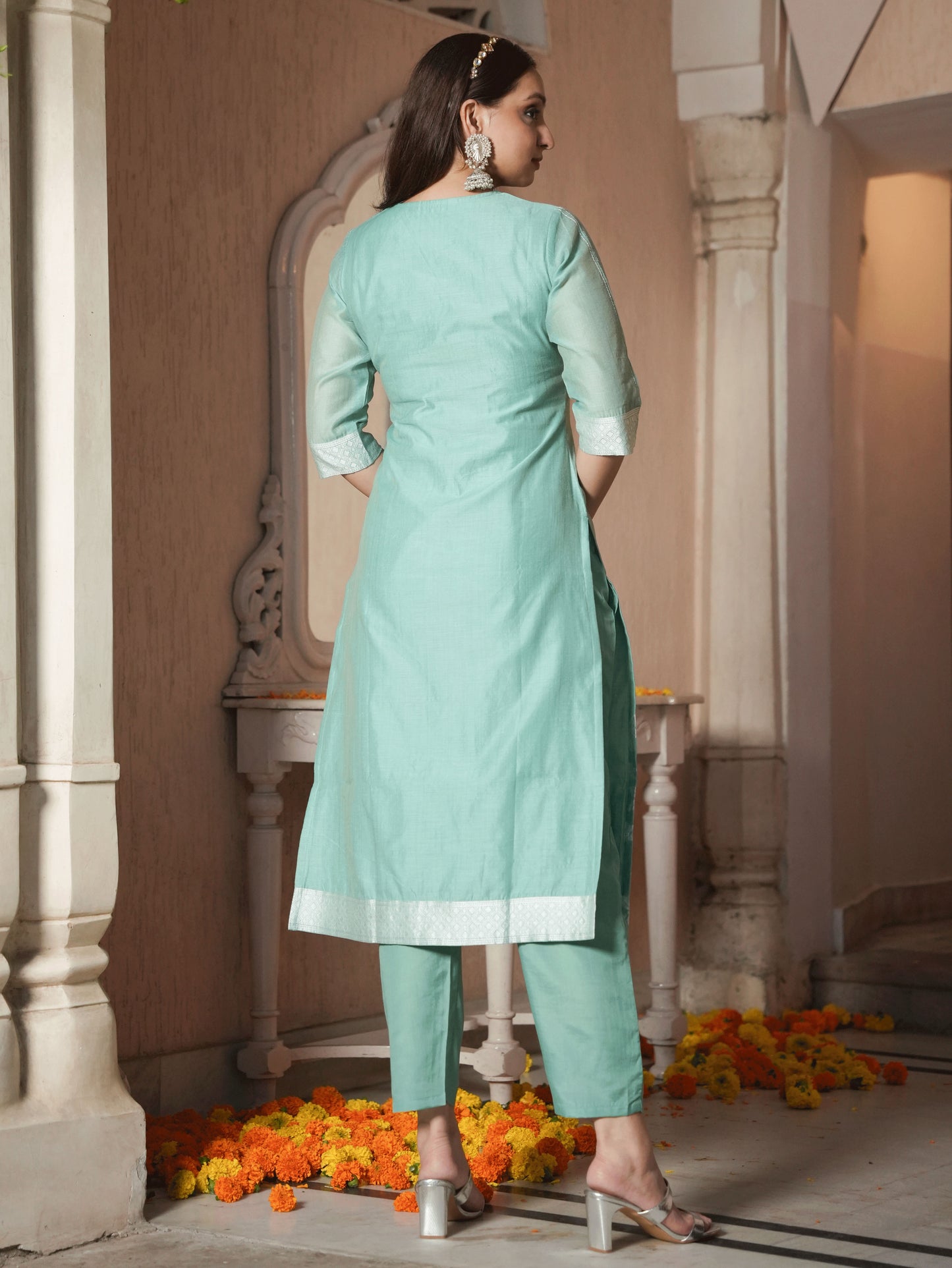 Embroidered Chanderi Floral Straight Green