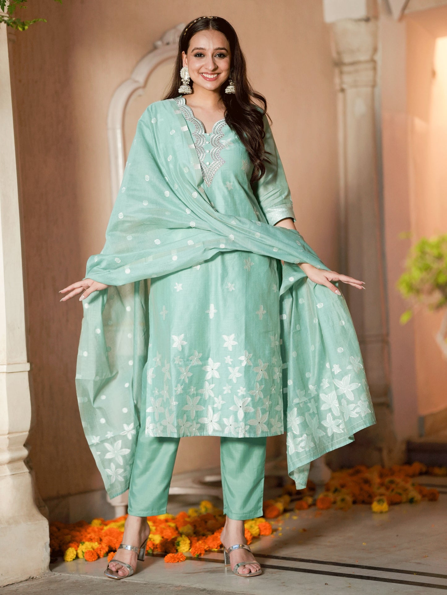 Embroidered Chanderi Floral Straight Green