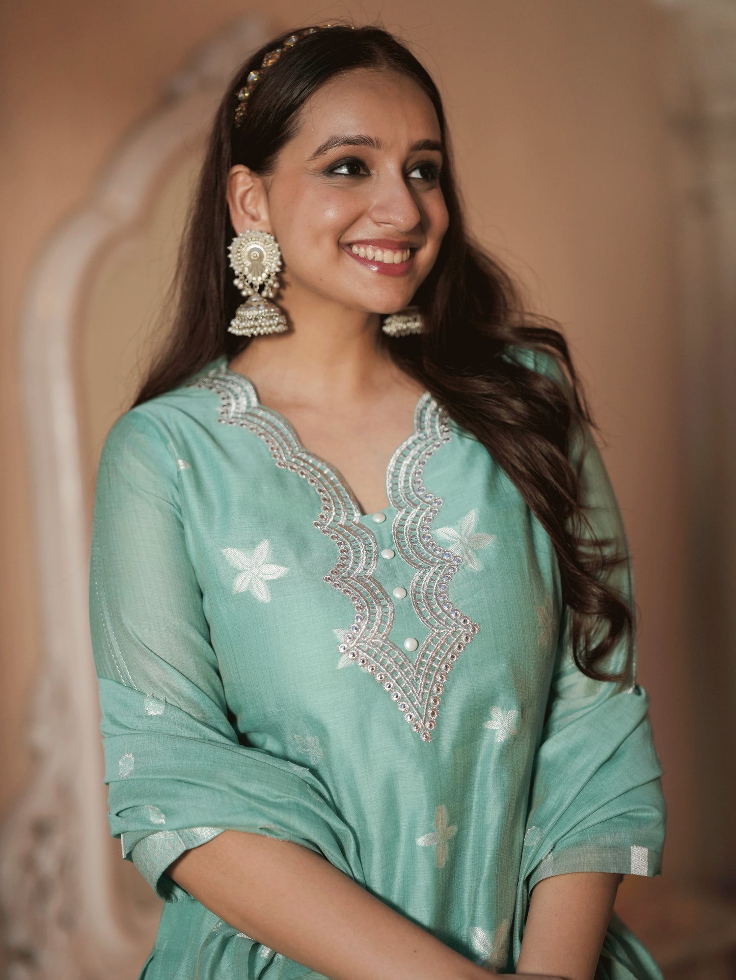 Embroidered Chanderi Floral Straight Green Kurta