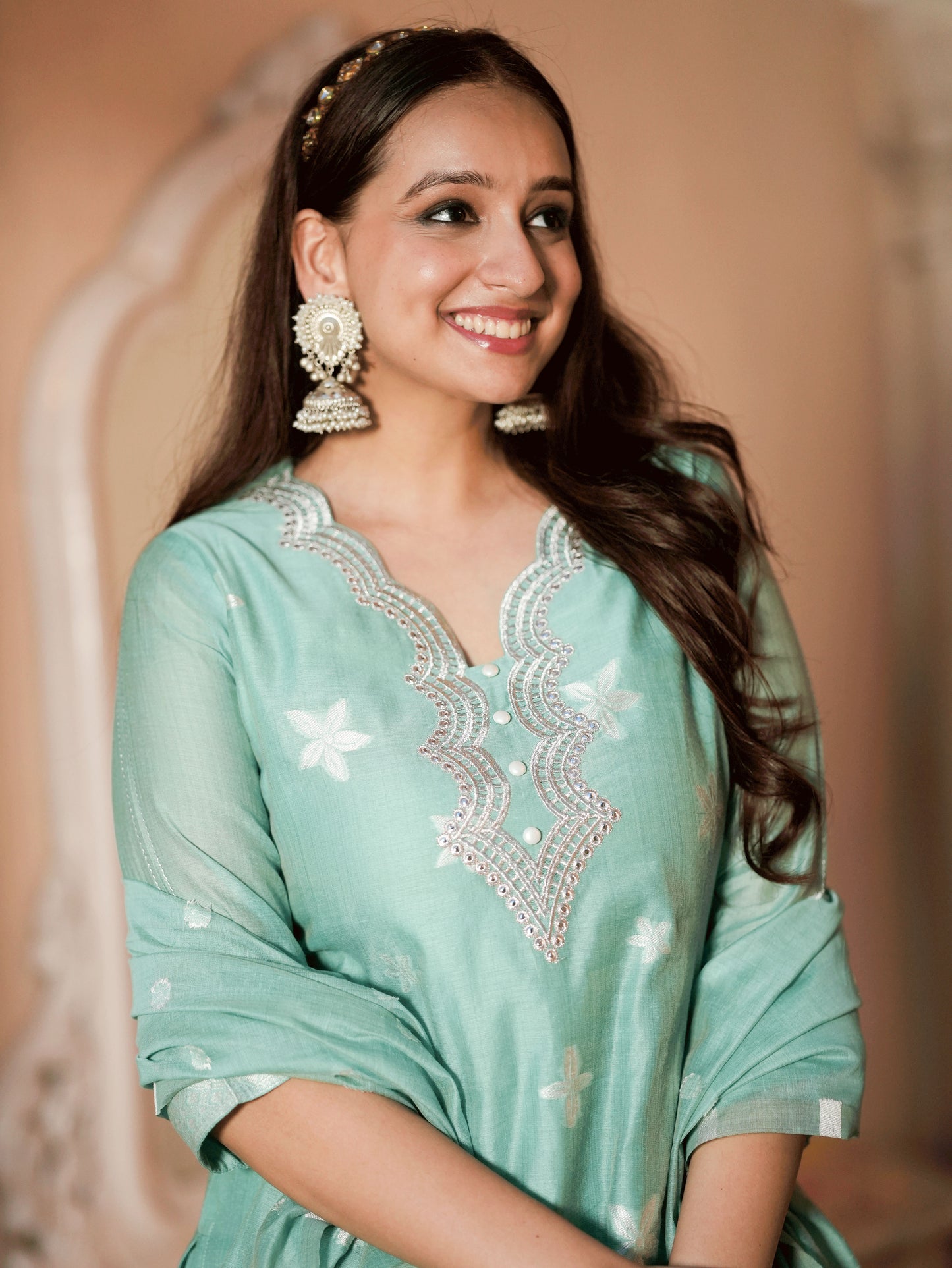 Embroidered Chanderi Floral Straight Green