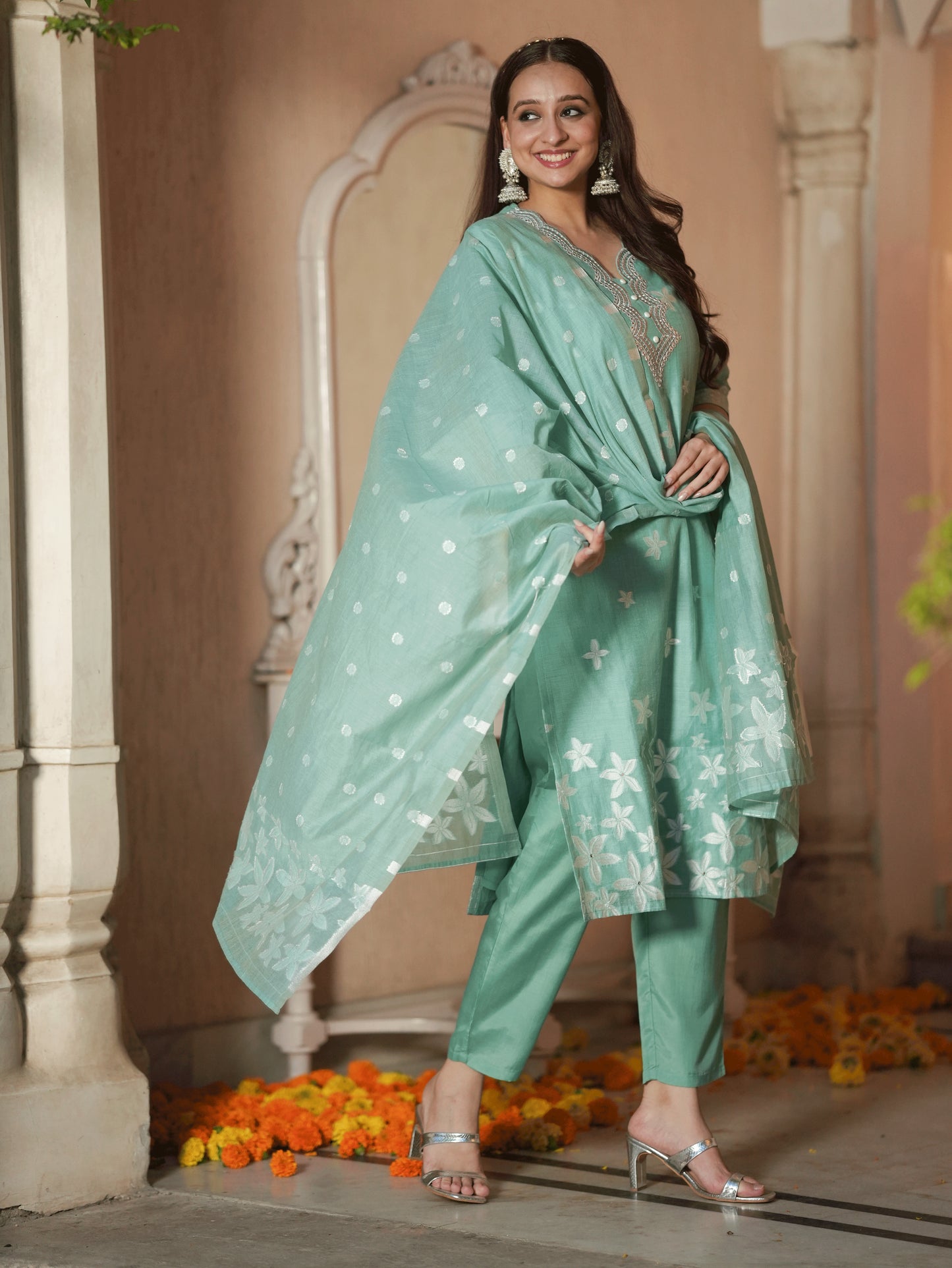 Embroidered Chanderi Floral Straight Green Kurta
