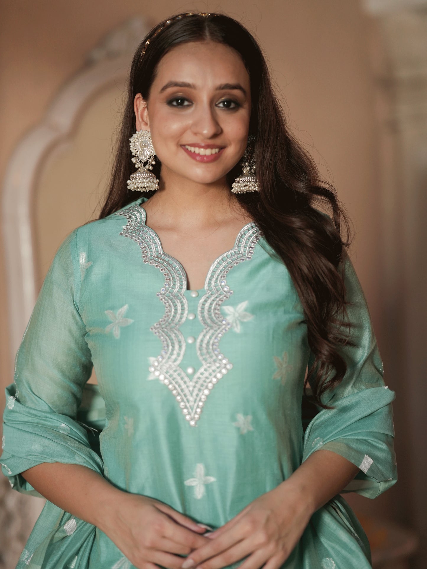 Embroidered Chanderi Floral Straight Green Kurta