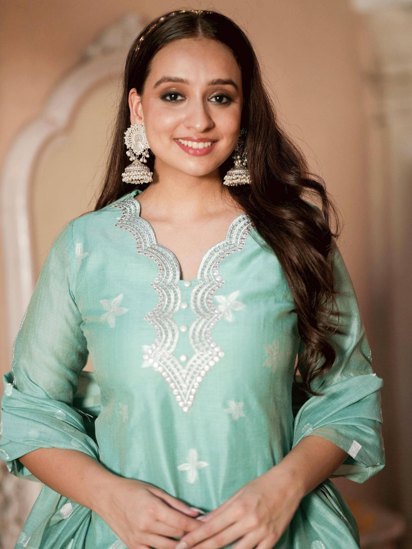 Embroidered Chanderi Floral Straight Green