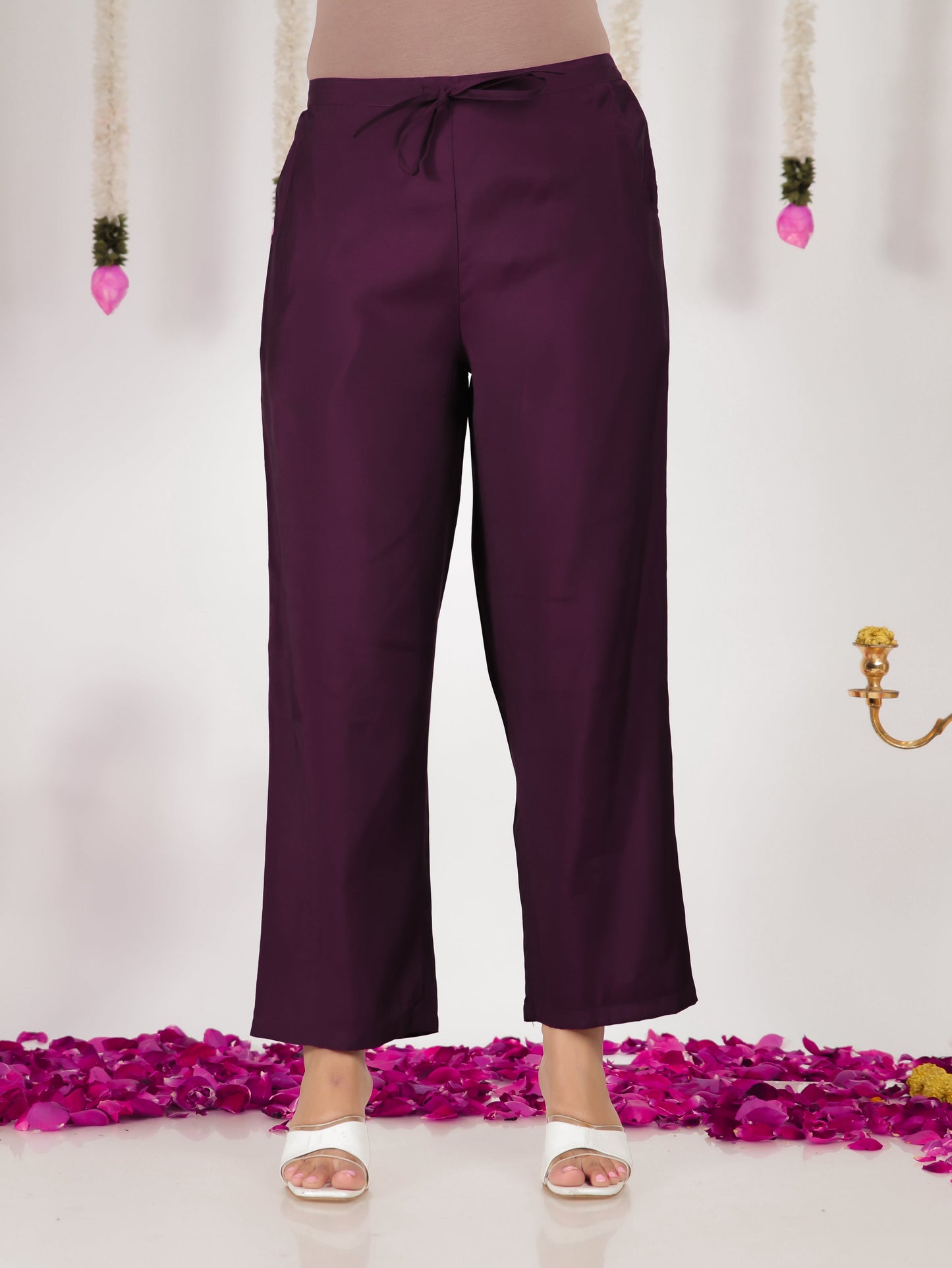 Blended Silk Solid Purple Tapered Trousers