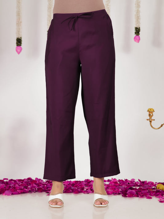 Blended Silk Solid Purple Tapered Trousers