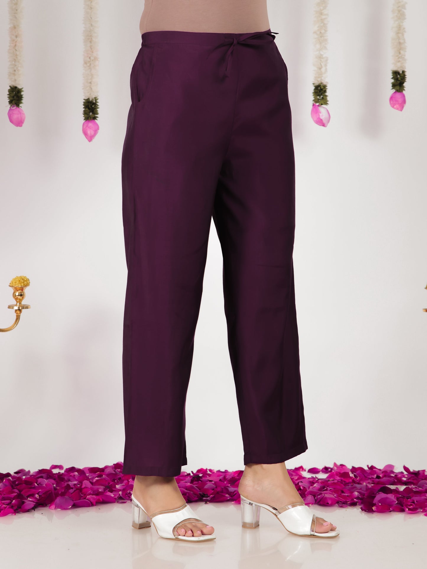 Blended Silk Solid Purple Tapered Trousers