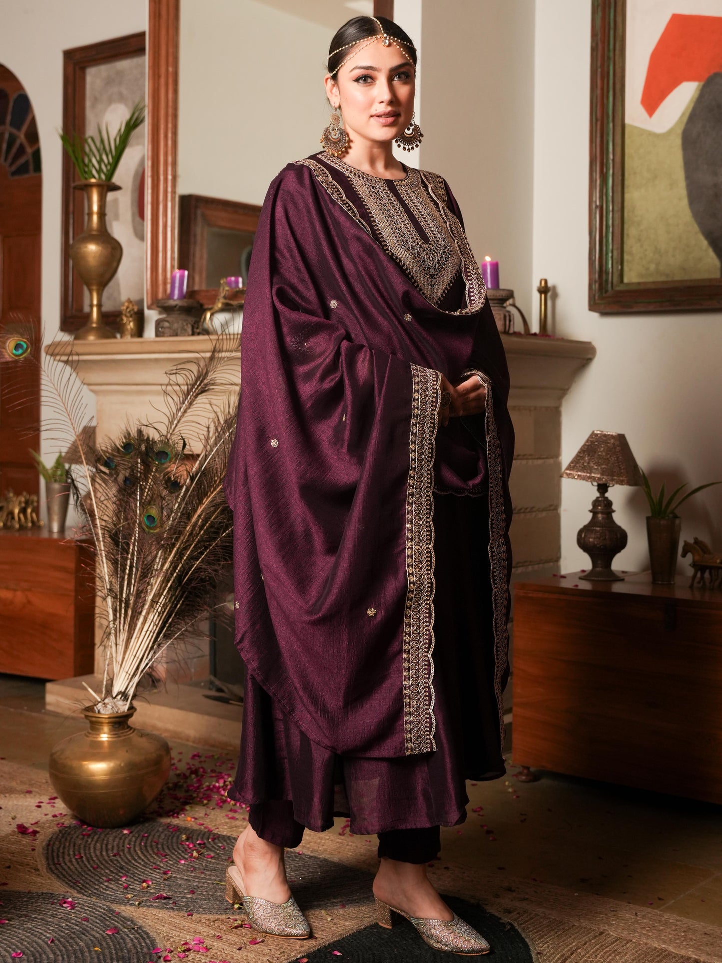Embroidered Chanderi Solid Wine Dupatta
