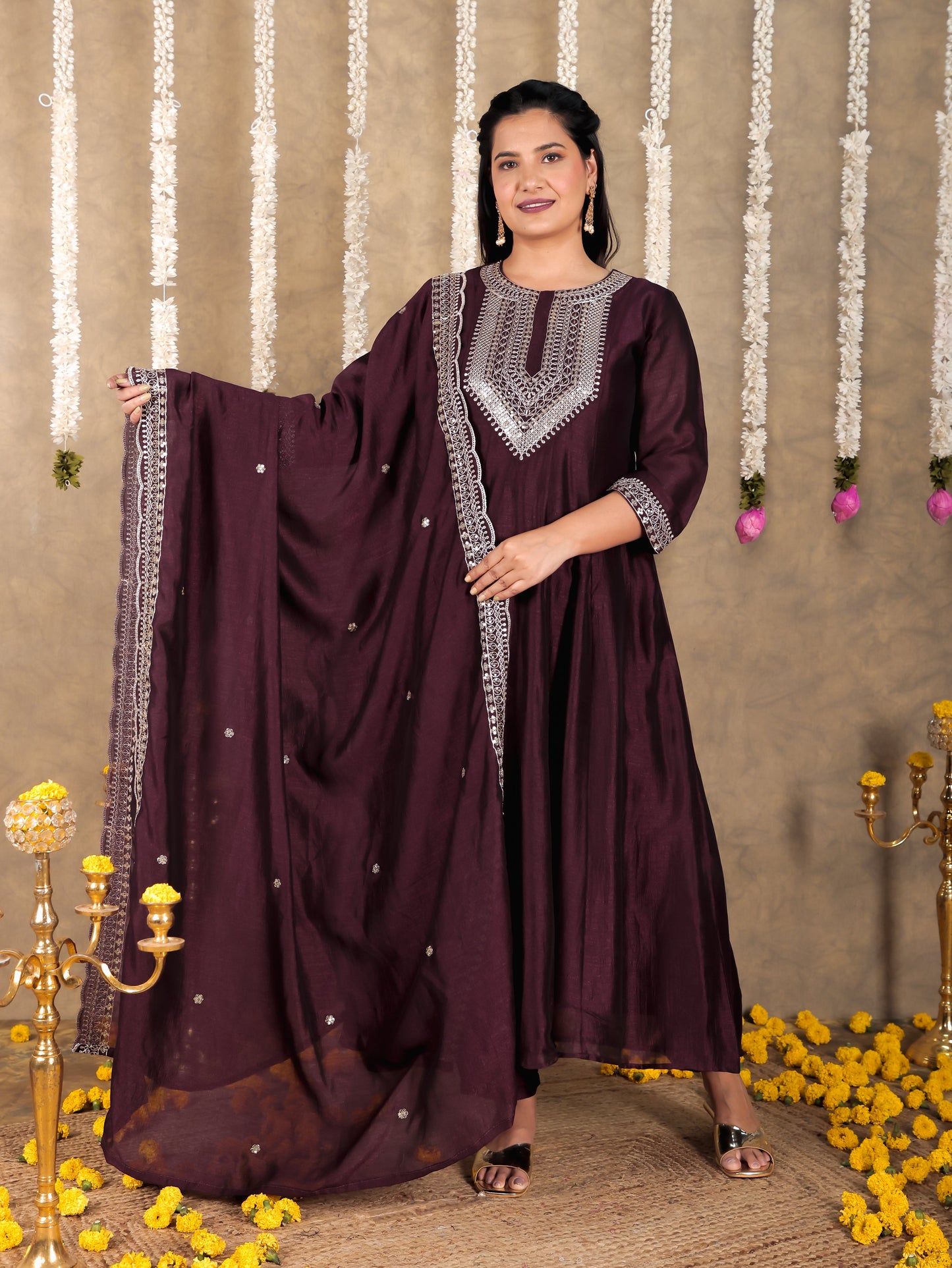 Embroidered Tissue chanderi Solid Anarkali Wine Kurta