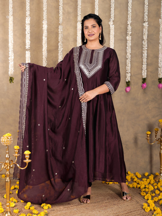 Embroidered Tissue Solid Wine Dupatta