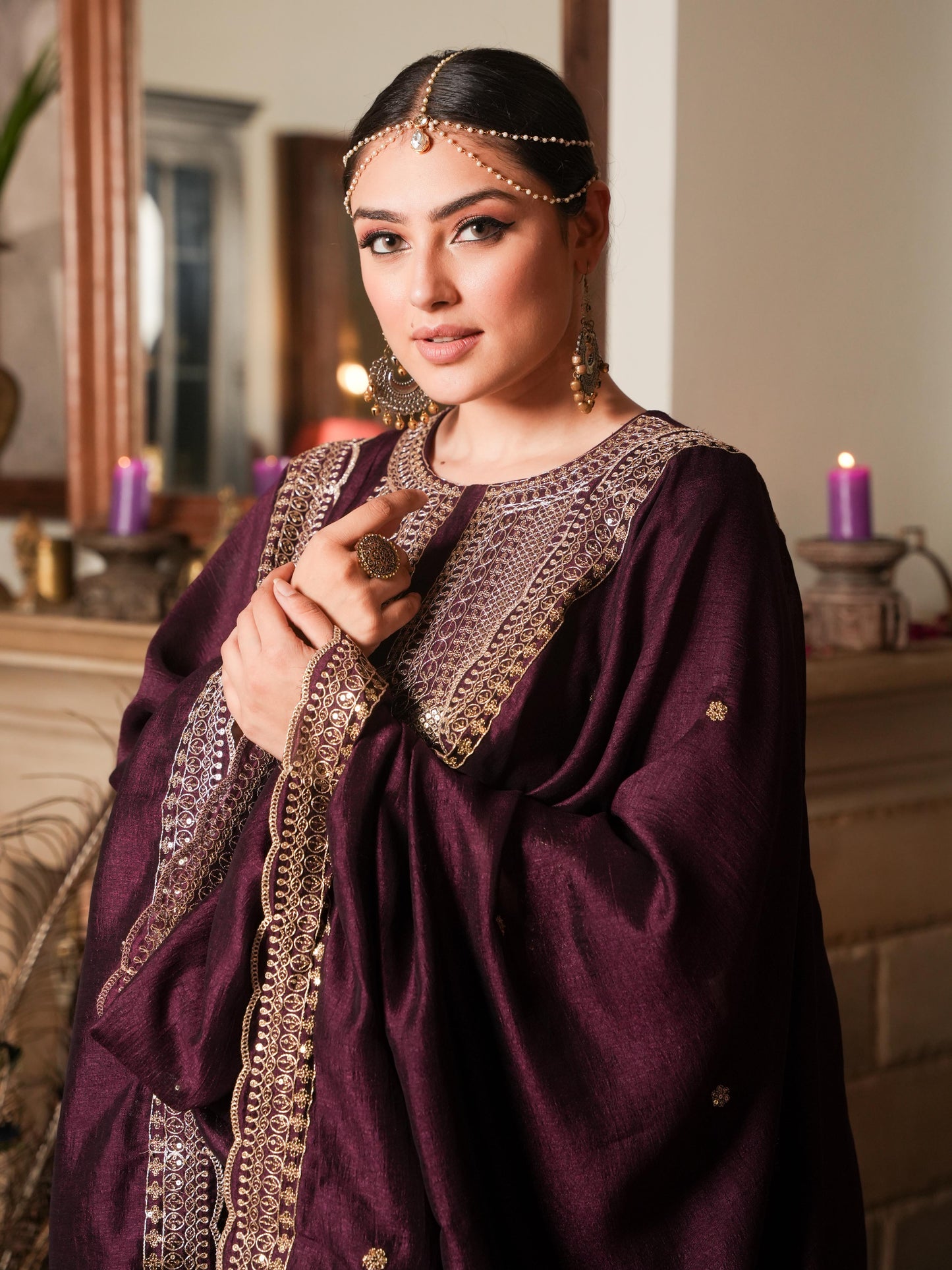 Embroidered Chanderi Solid Wine Dupatta