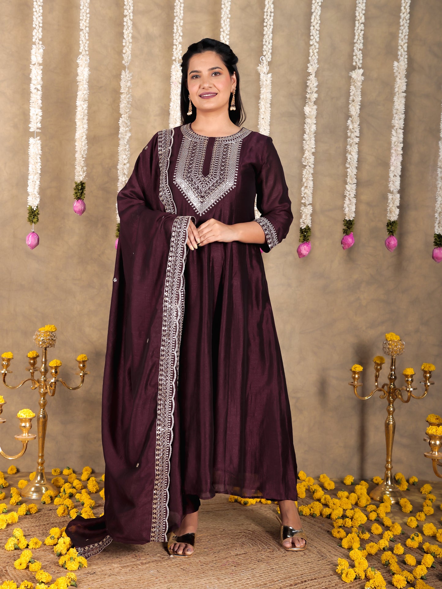 Embroidered Tissue Solid Wine Dupatta
