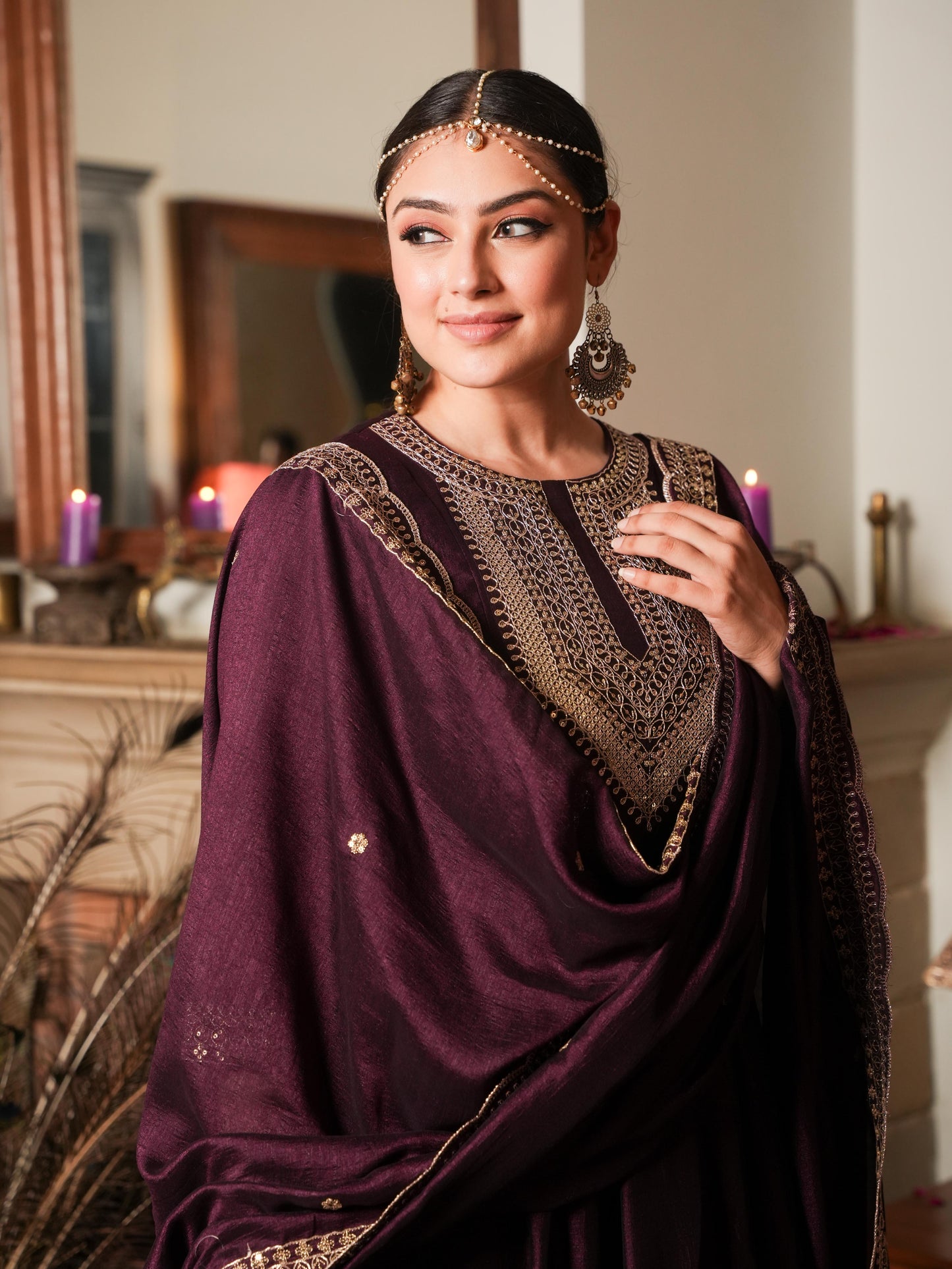 Embroidered Chanderi Solid Wine Dupatta
