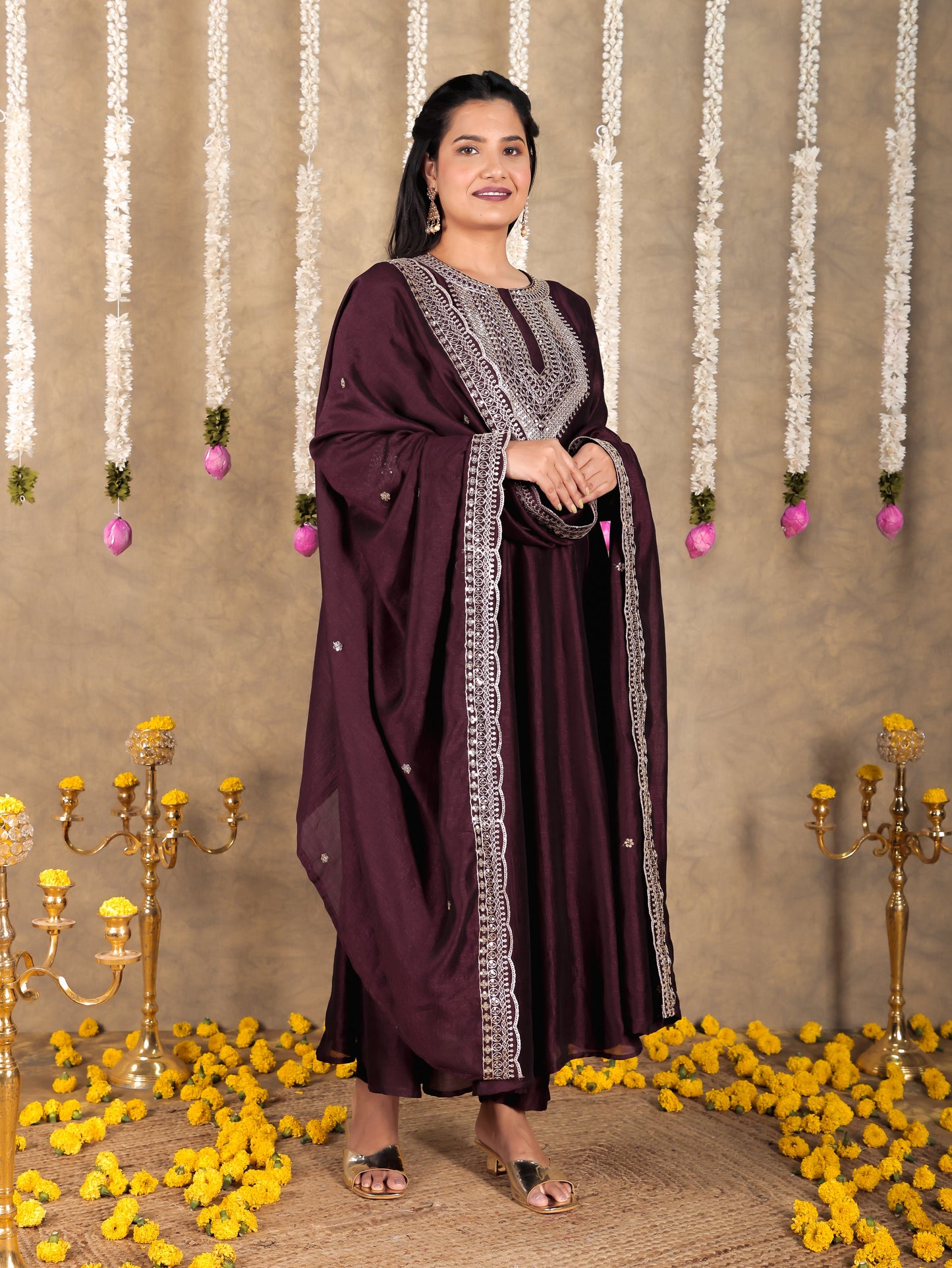 Embroidered Tissue Solid Wine Dupatta