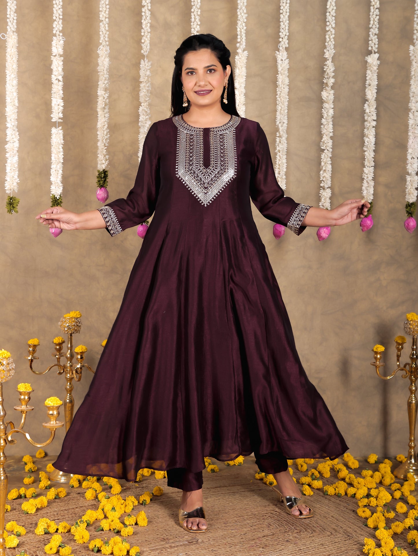 Embroidered Tissue chanderi Solid Anarkali Wine Kurta