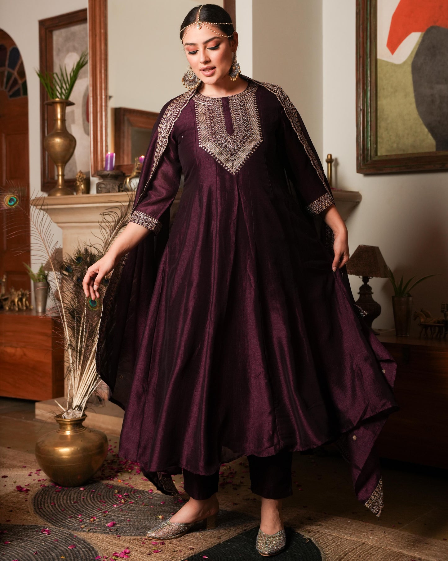 Embroidered Chanderi chanderi Solid Anarkali Wine Kurta