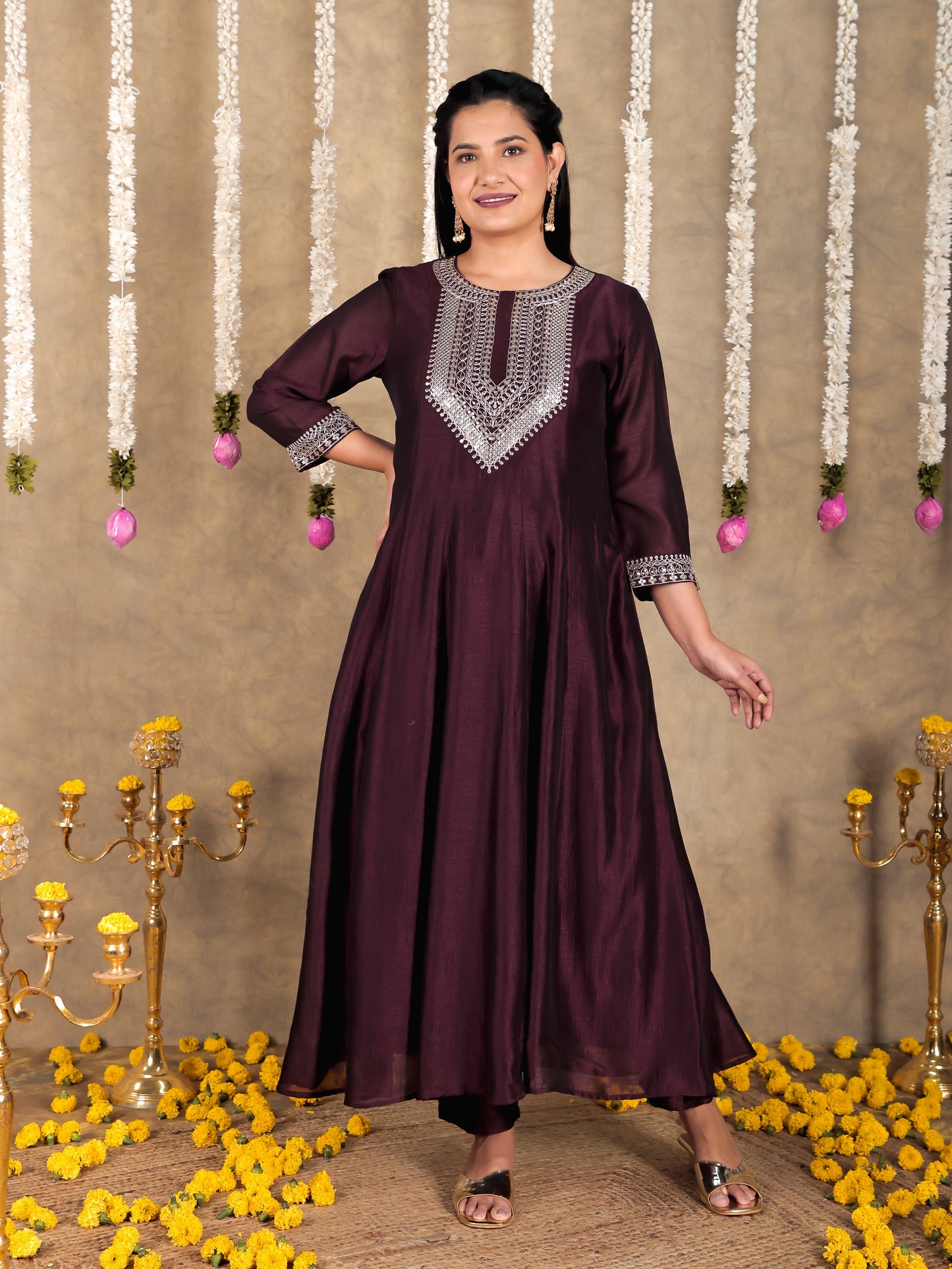 Embroidered Tissue chanderi Solid Anarkali Wine Kurta