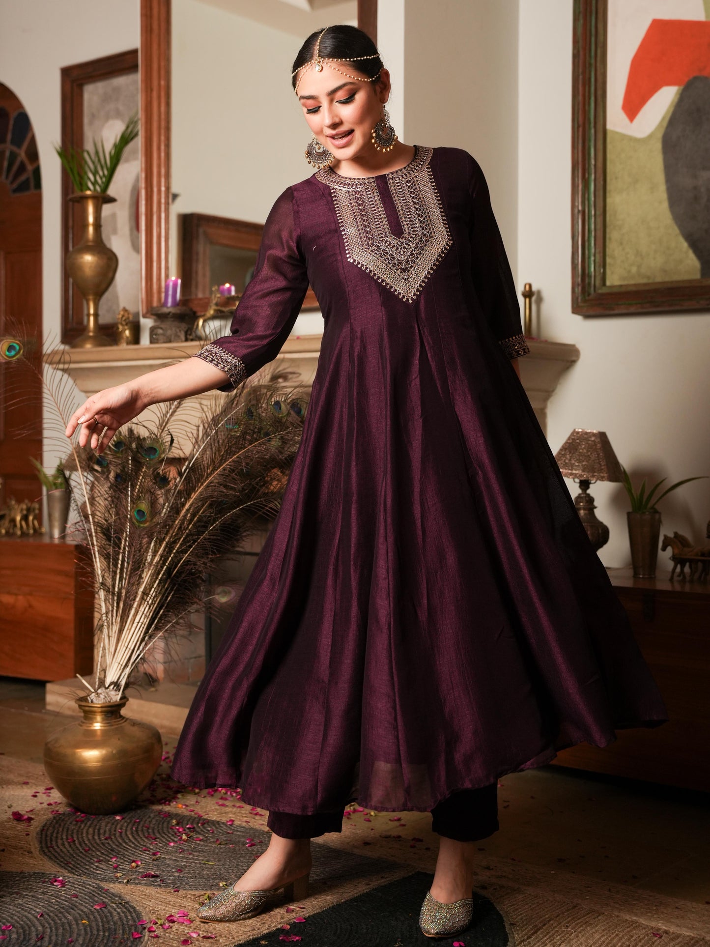 Embroidered Chanderi chanderi Solid Anarkali Wine Kurta