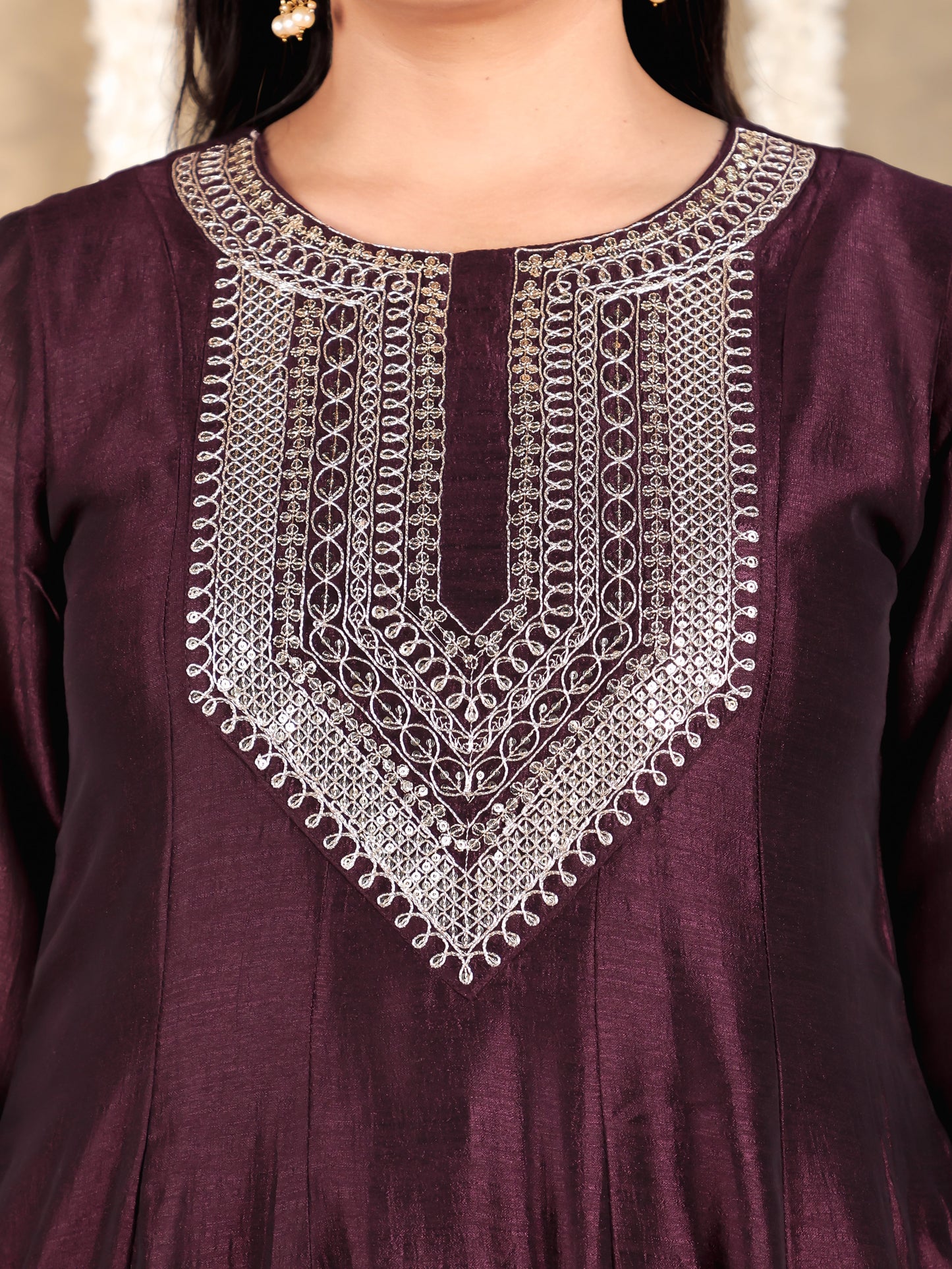 Embroidered Tissue chanderi Solid Anarkali Wine Kurta