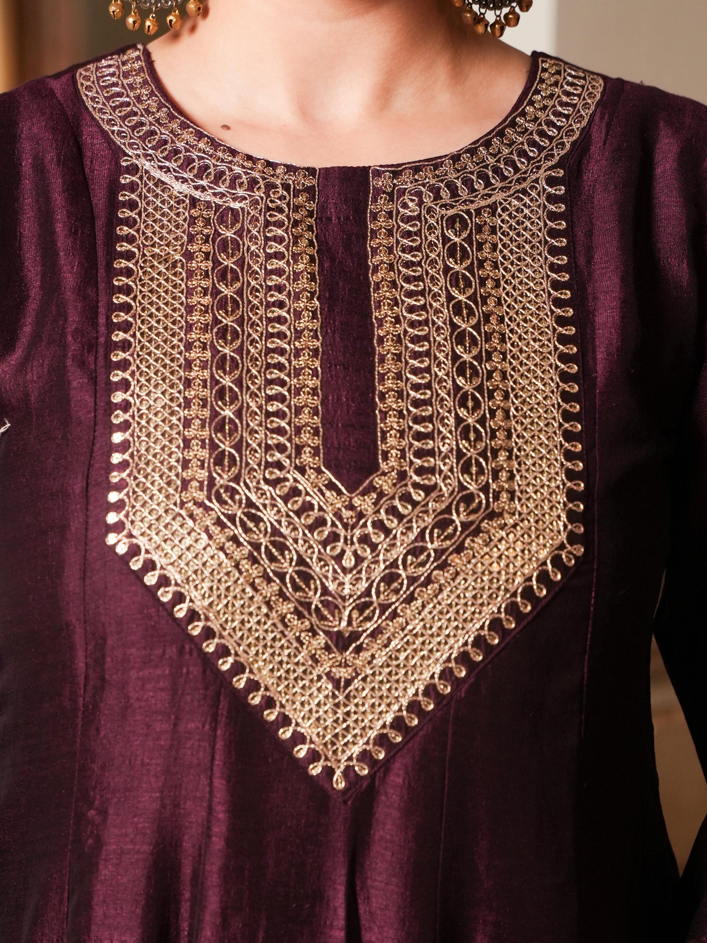 Embroidered Chanderi chanderi Solid Anarkali Wine Kurta