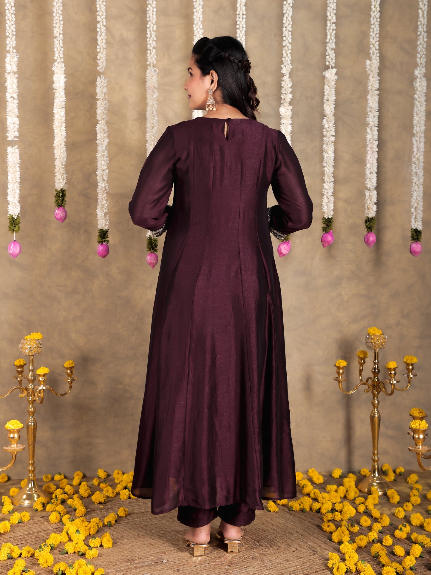 Embroidered Tissue chanderi Solid Anarkali Wine Kurta