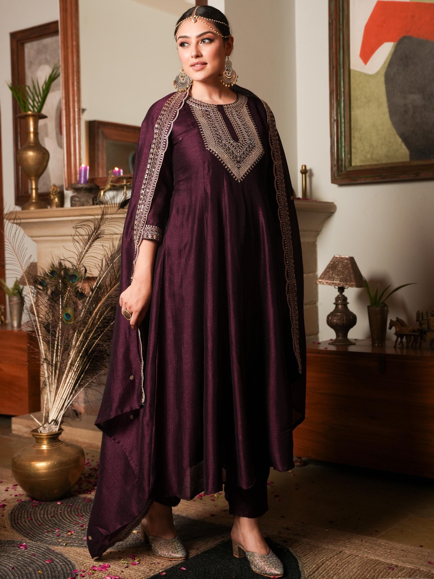 Embroidered Chanderi chanderi Solid Anarkali Wine Kurta